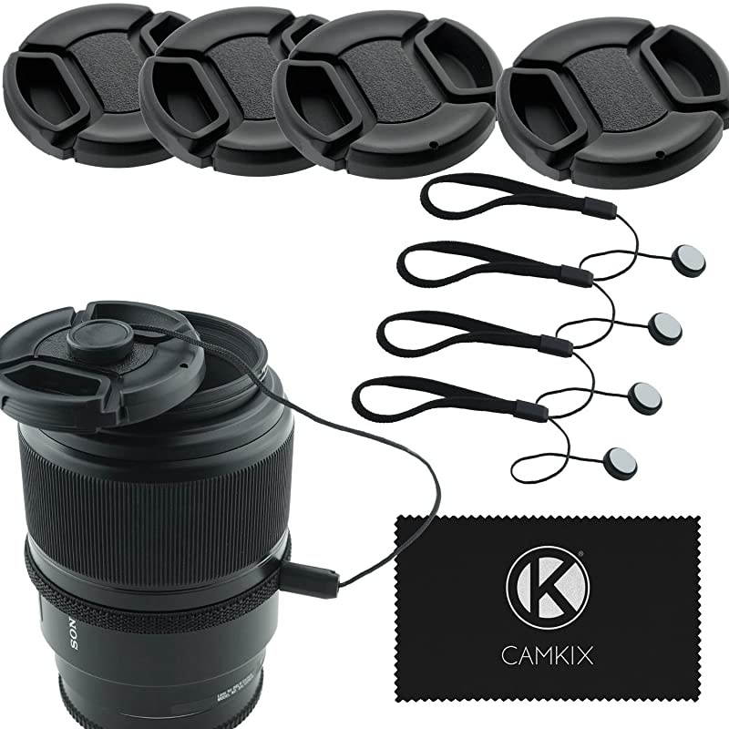 Lens Cap Bundle - 4 Snap-on Lens Caps for DSLR Cameras - 4 Lens Cap Keepers - Microfiber Cleaning Cloth Included - Compatible Nikon, Canon, Sony Cameras ()
