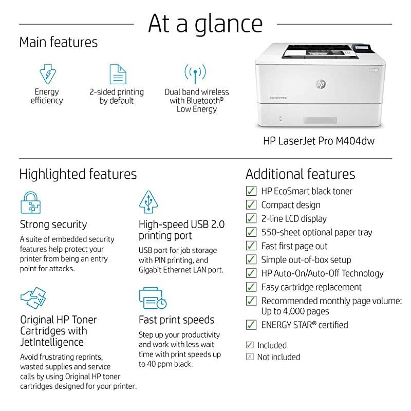 LaserJet Pro M404dw Monochrome Wireless Laser Printer with Double-Sided Printing (W1A56A)