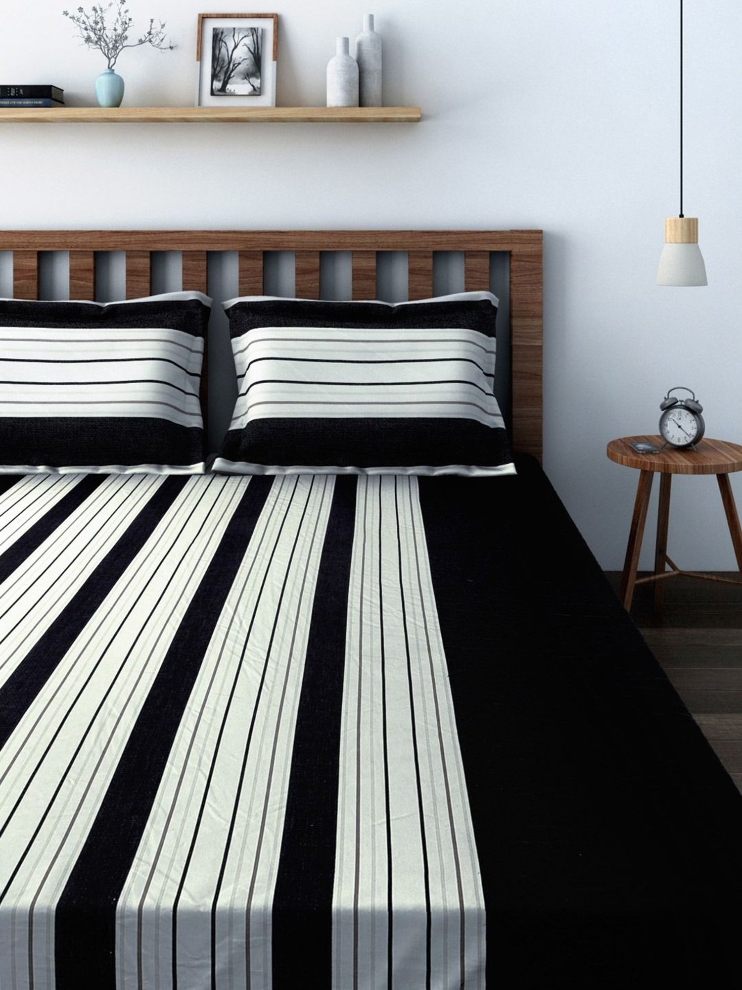 Swayam Magical Linea Stripes Black & White 180 TC Cotton King Bedsheet with 2 Pillow Covers