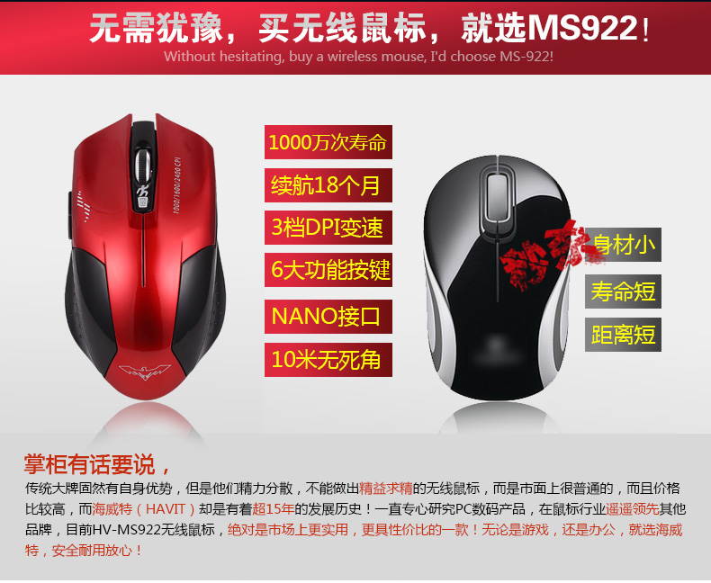2400DPI Havit Magic Hawk X3 Wireless 6 Buttons Usb Optical Gaming PC Mouse Mice White