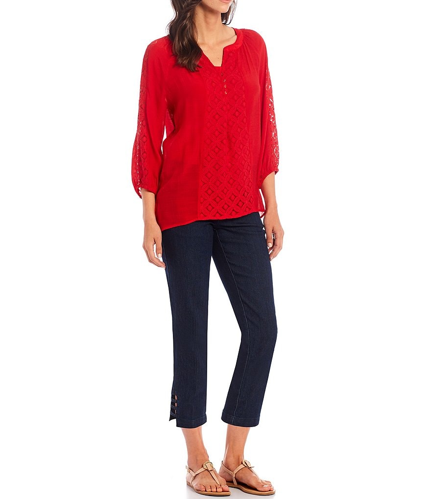 Multiples Slub Woven Band Collar Notch Neck Lace Trim 3/4 Sleeve Top