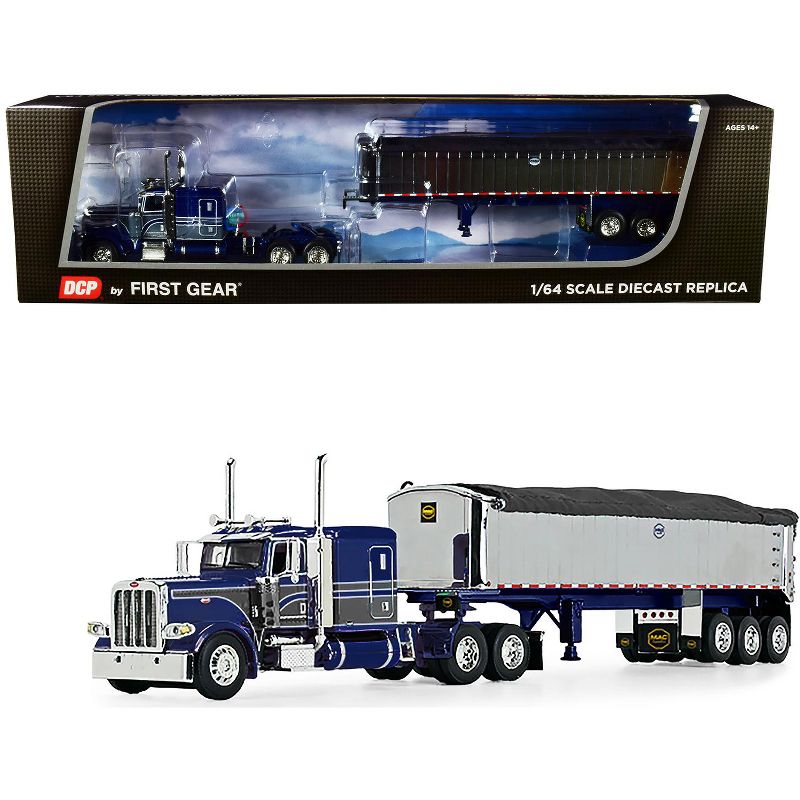 Peterbilt 389 w/ 63" Flattop Sleeper Cab & MAC Coal End Dump Framed Tri-Axle Trailer w/Tarp Blue & Chrome 1/64 DCP/First Gear