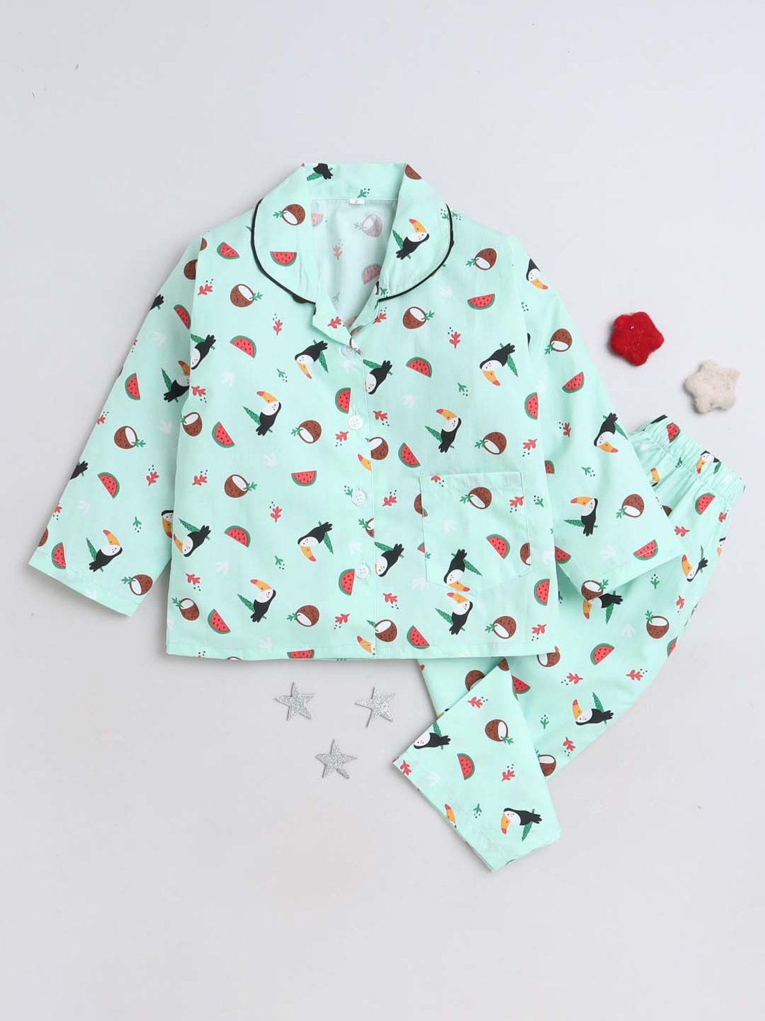 The Magic Wand Girls Mint Green Cotton Printed Full Sleeves Shirt Set