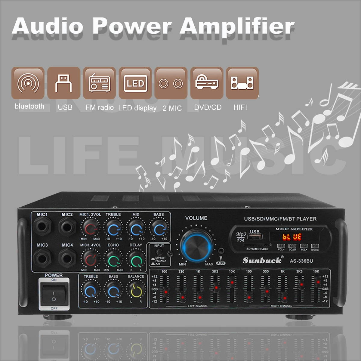 2000W bluetooth Stereo Amplifier Surround Sound USB SD AMP FM DVD AUX LCD Display Home Cinema Karaoke Remote Control
