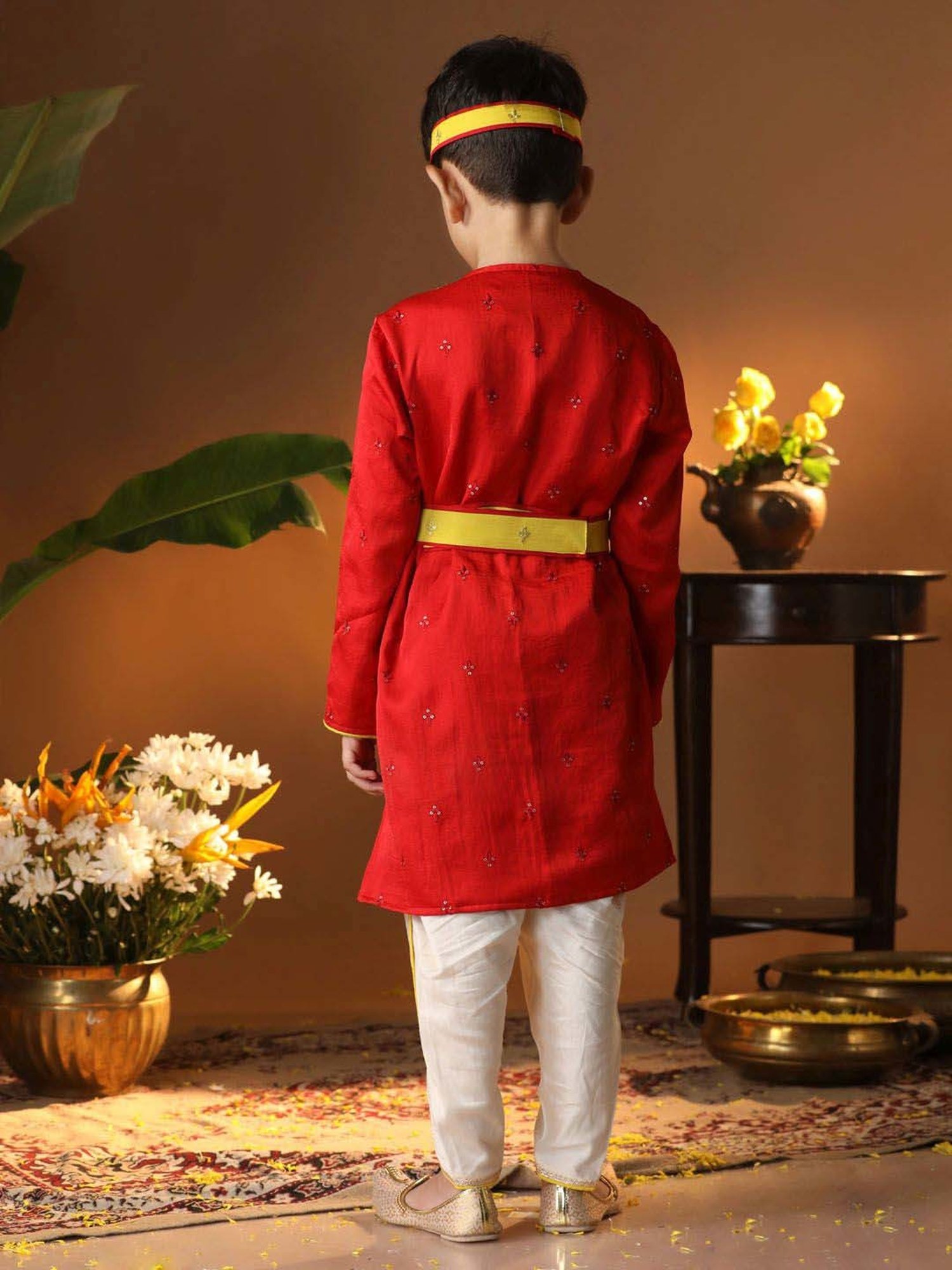 VASTRAMAY Boys Red & Cream Embroidery Full Sleeves Kurta Sets