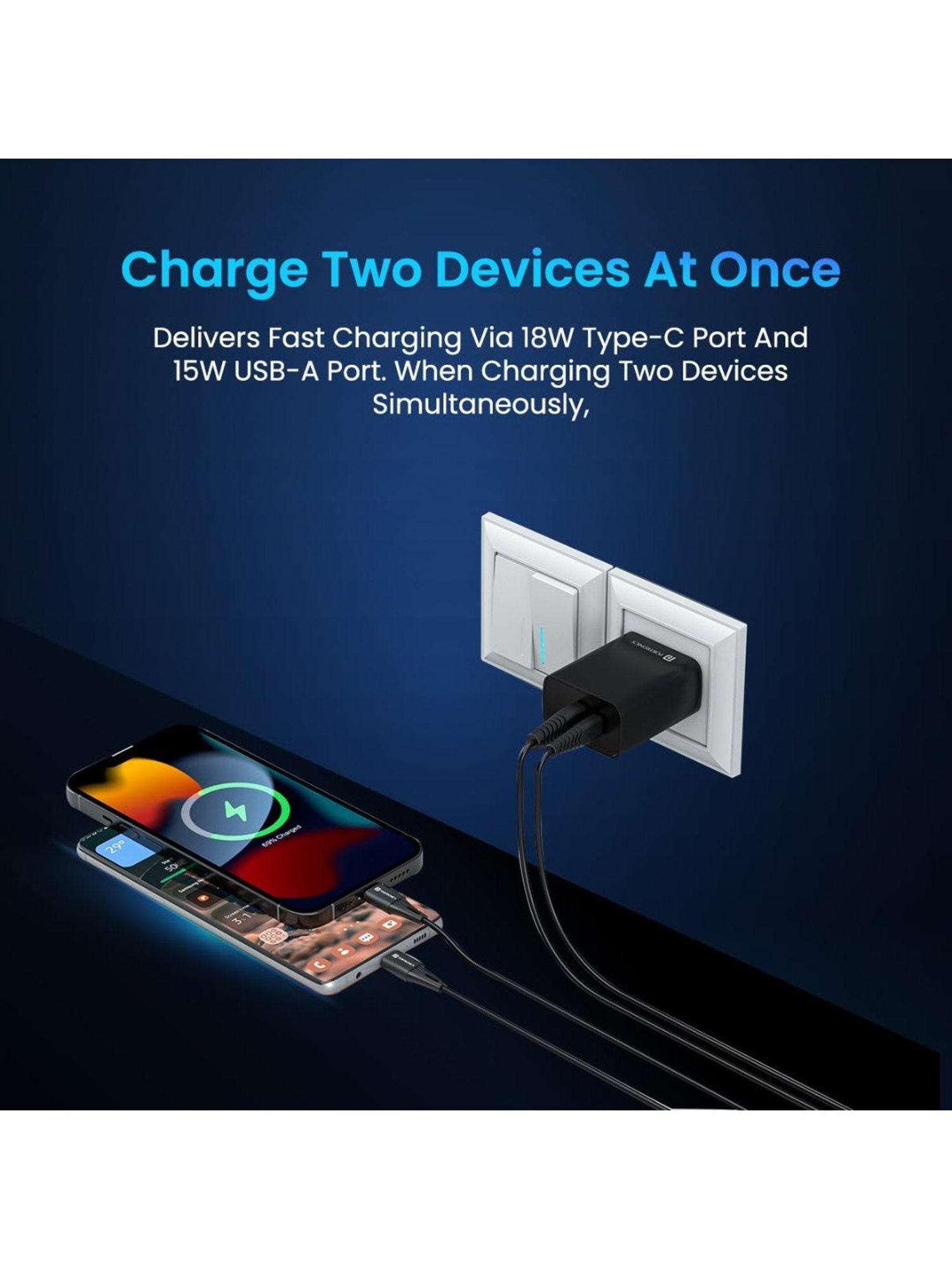 Portronics Adapto 70 33W Fast Charger Adapter with Dual Output USB plus Type C Supports PPS (Black)