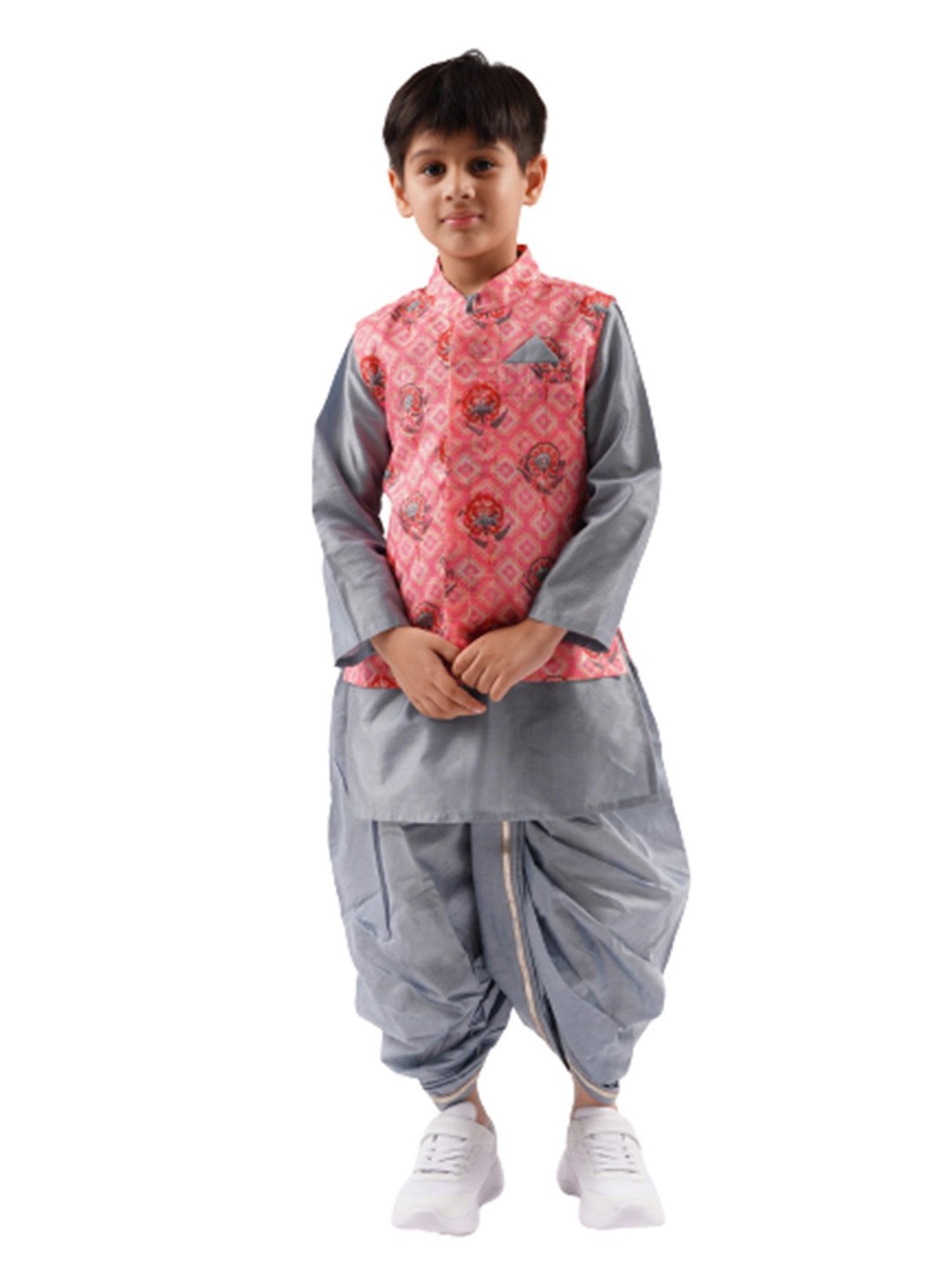 Lil Drama Kids Pink & Grey Floral Print Full Sleeves Kurta, Dhoti With Nehru Jacket