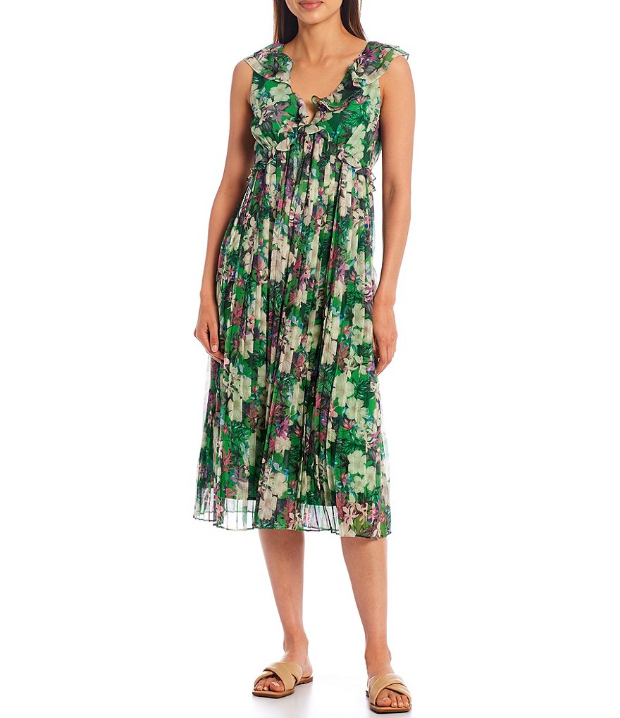 Adelyn Rae Pleated Floral V-Neck Chiffon Midi Dress