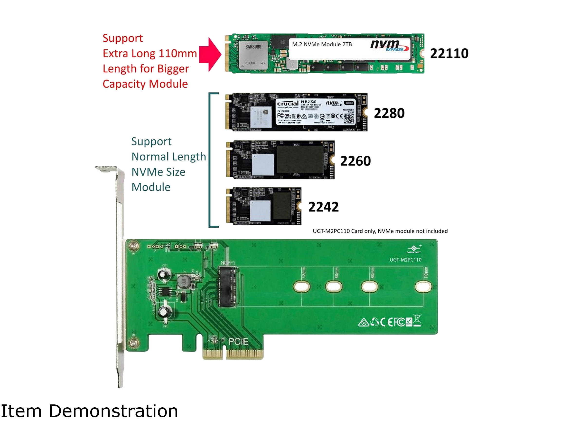 VANTEC UGT-M2PC110 M.2 NVMe PCIe X4 Adapter For Extra Long 110mm Module