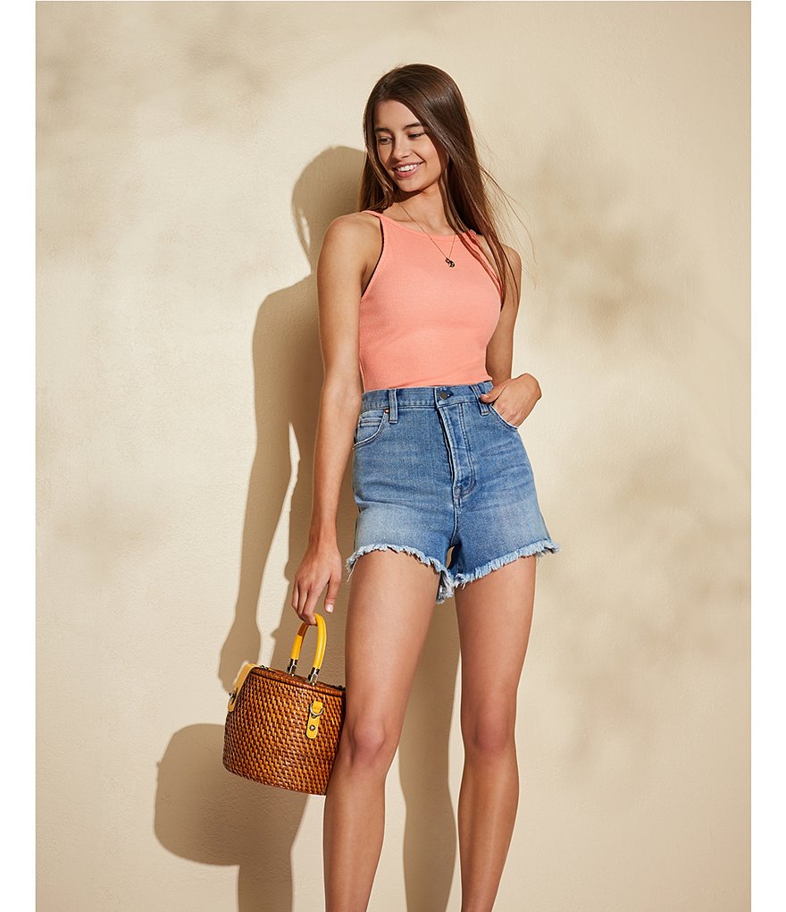 GB Pinch Denim Frayed Hem High-Rise Shorts