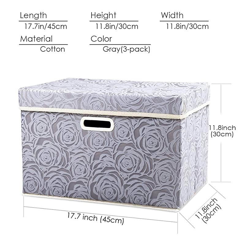 Larger Collapsible Storage Boxes with Lids Fabric Decorative Storage Bins Cubes Organizer Containers Baskets with Cover Handles for Bedroom Closet Living Room Gray 17.7x11.8x11.8 Inch 3 Pack