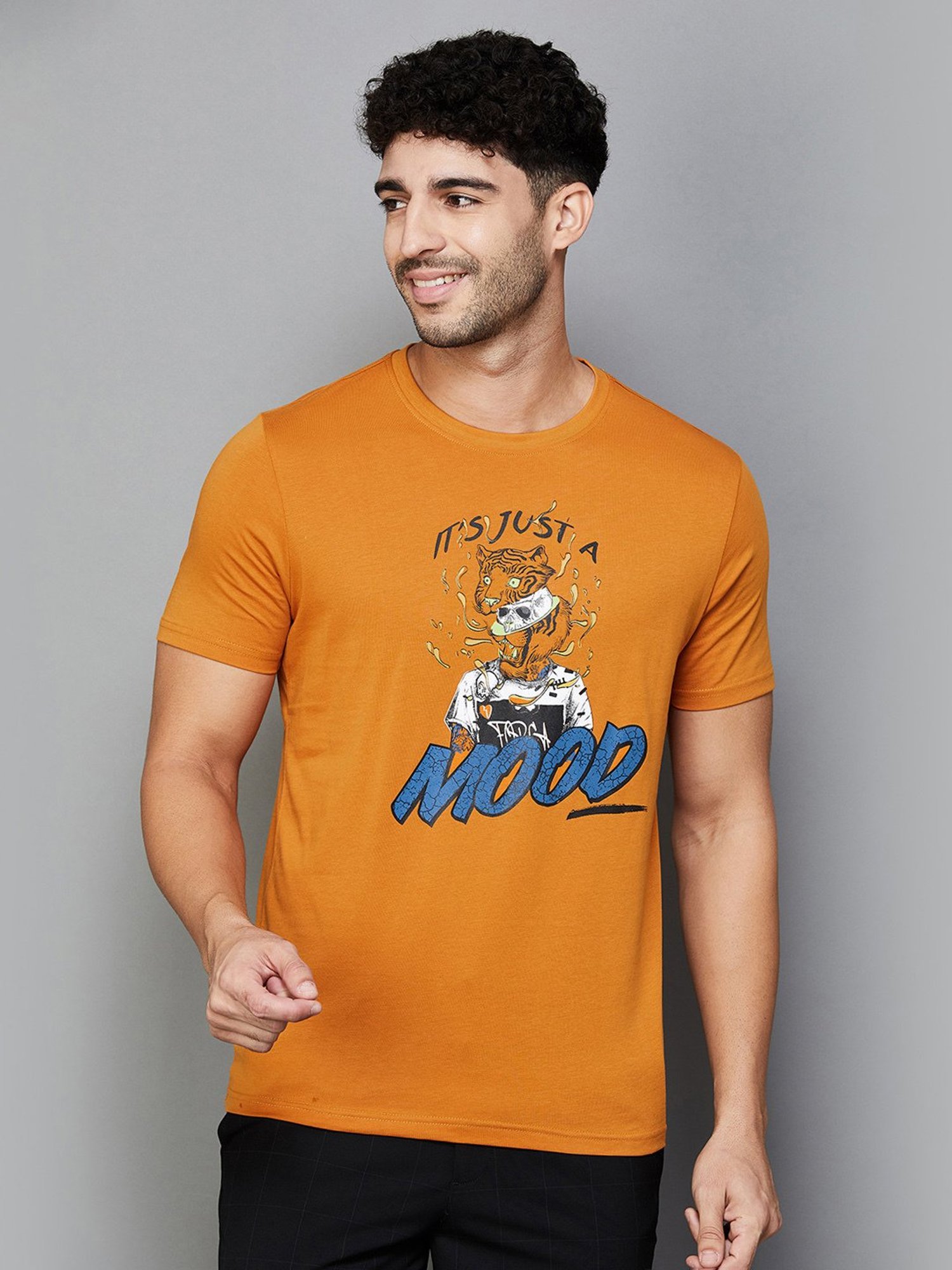 Forca by Lifestyle Orange Regular Fit Graphic Print Crew T-Shirt