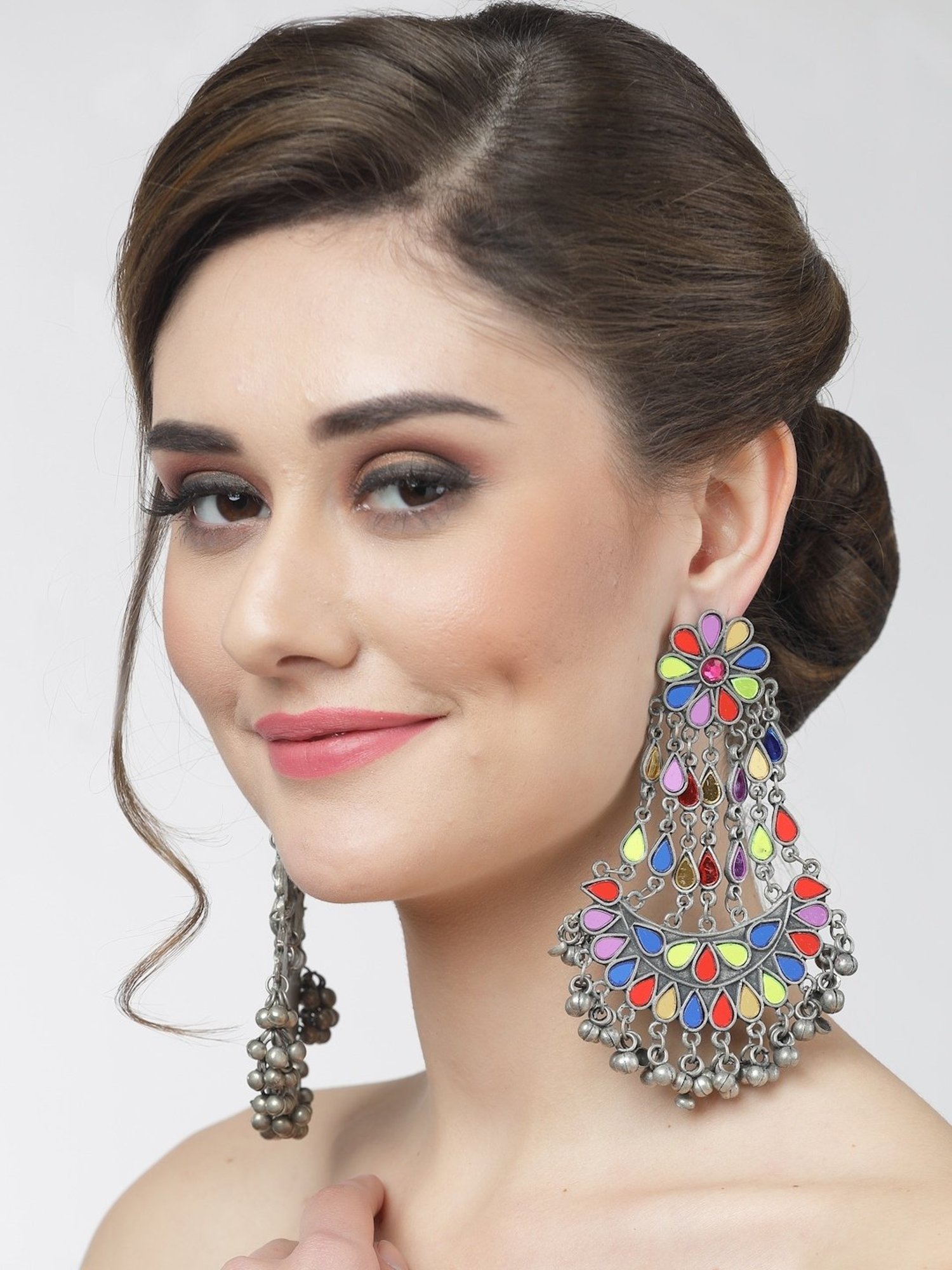 Moedbuille Mirror Work Afghan Tribal Design Oxidized Silver-Plated Handcrafted Tasselled Danglers