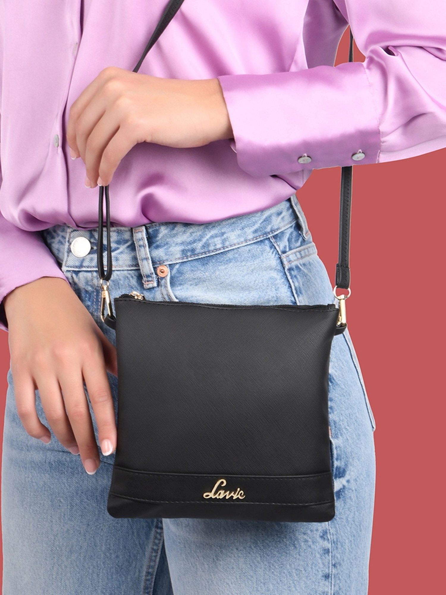 Lavie Quick Access Black Polyester Solid Sling Handbag