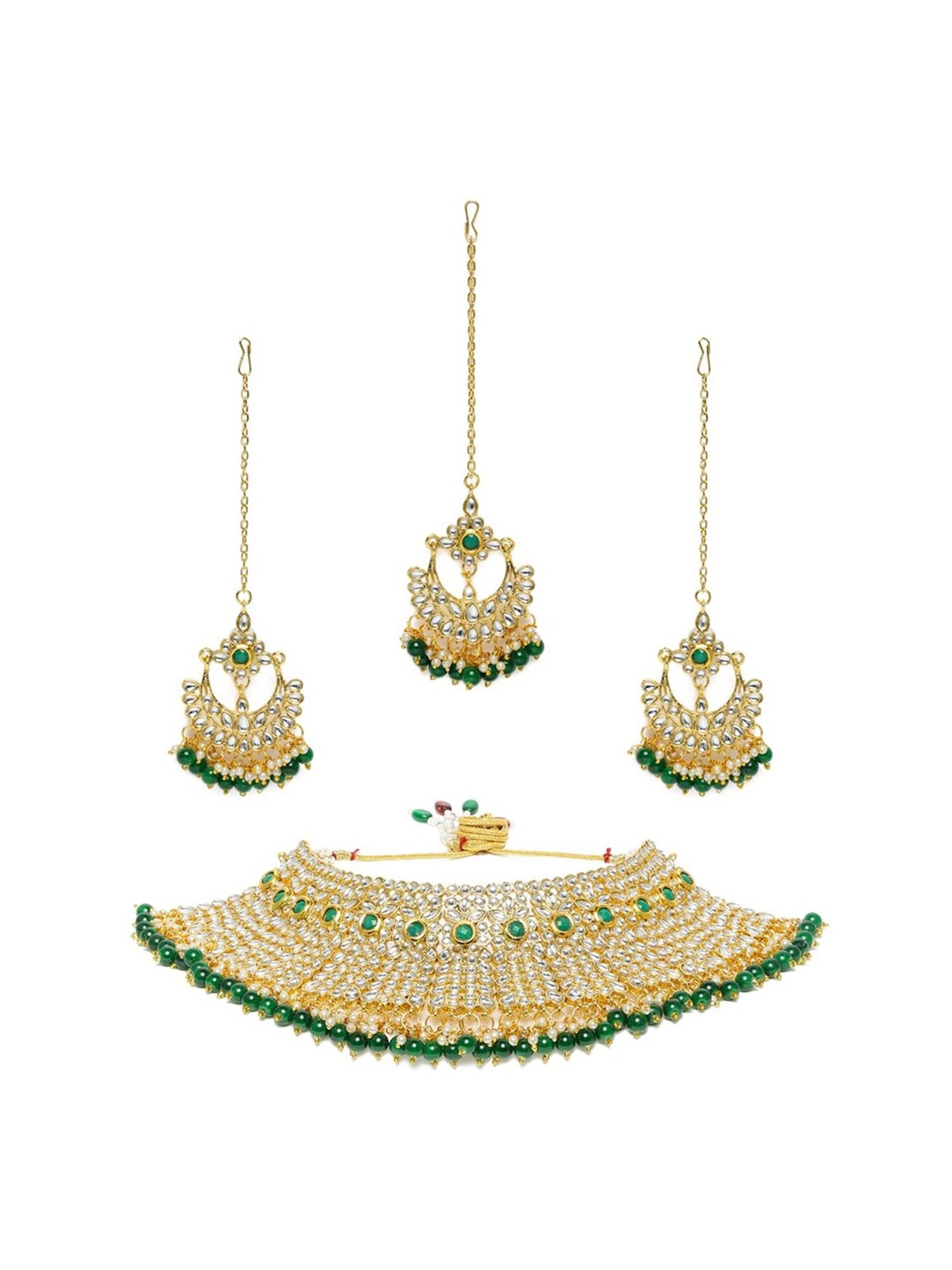 Zaveri Pearls Green Stones & Beads Bridal Kundan Choker Necklace Earring & Maangtikka Set-ZPFK10138