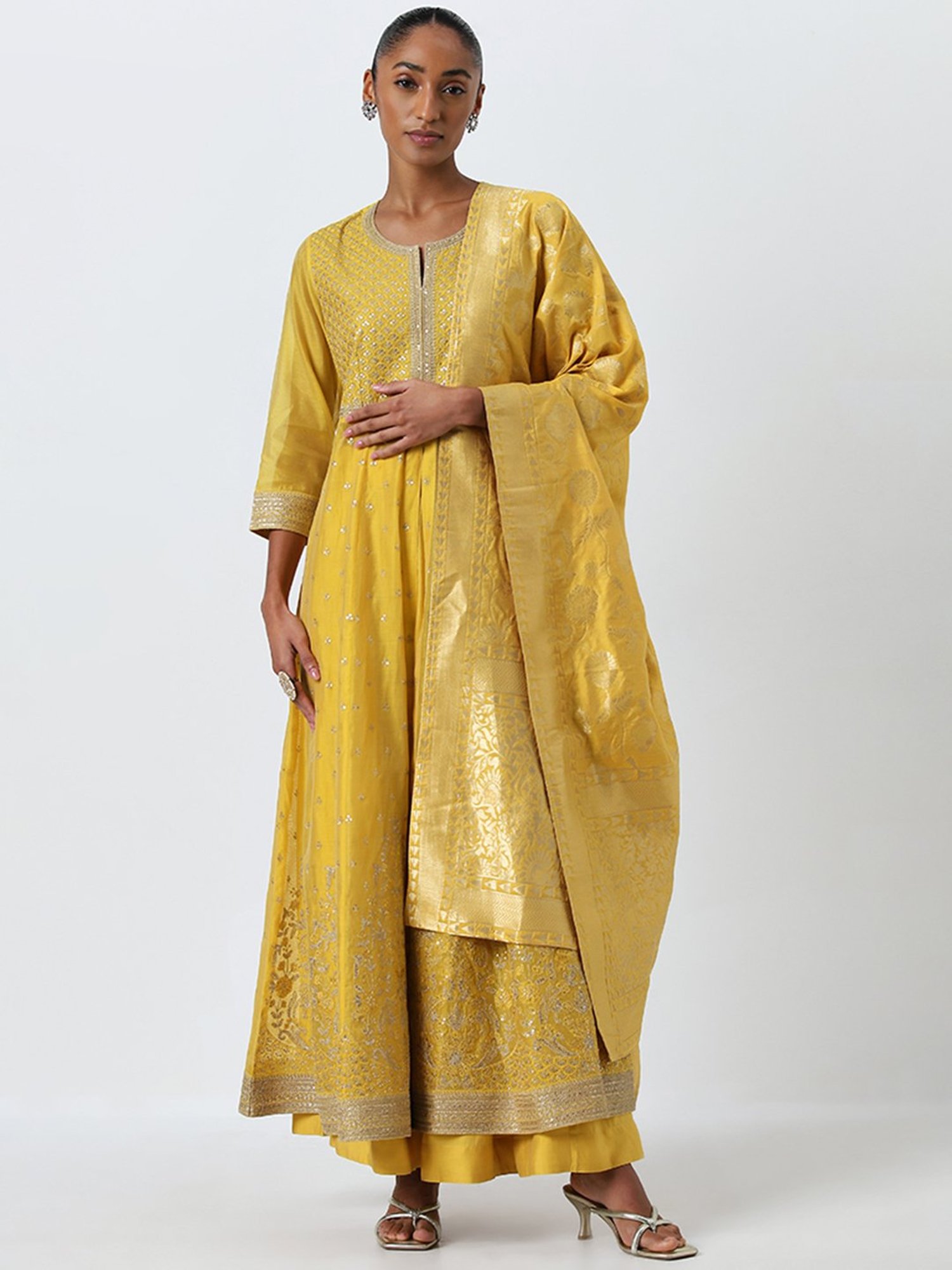 Vark by Westside Mustard Embellished Kurta, Skirt and Dupatta Set