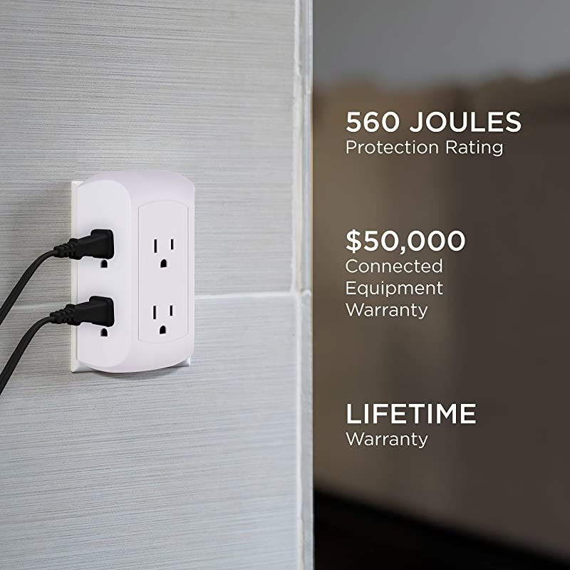 White, Pro 6-Outlet Sur Protector 2 Pack, Spaced Wall Tap, Side-Access, 3-Prong Power Strip, Charging Station, 560 Joules, UL Listed, 47847, 2 Count