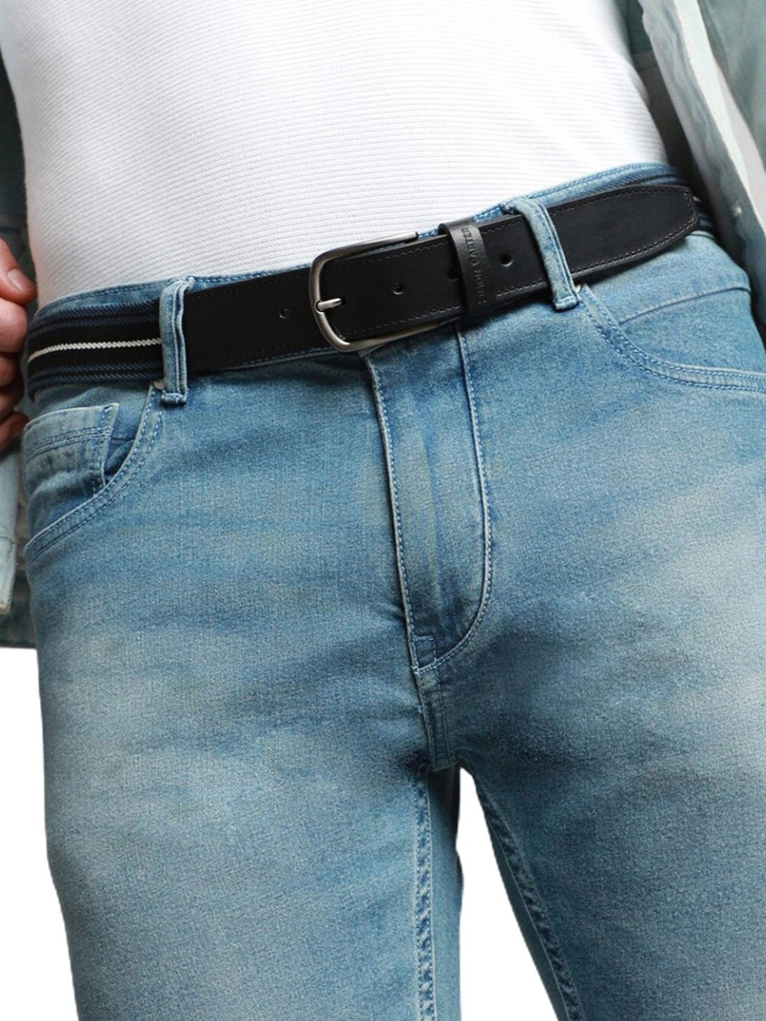 Simon Carter Black Leather Striped Casual Belt for Men