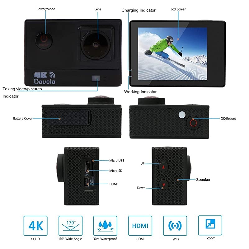 Camera 4K, Waterproof Camera, Underwater Camera WiFi Ultra HD 16mp 170 Degrees Wide Angle Sports Camera with Remote Control 2 Batteries and Mounting Accessories Kit