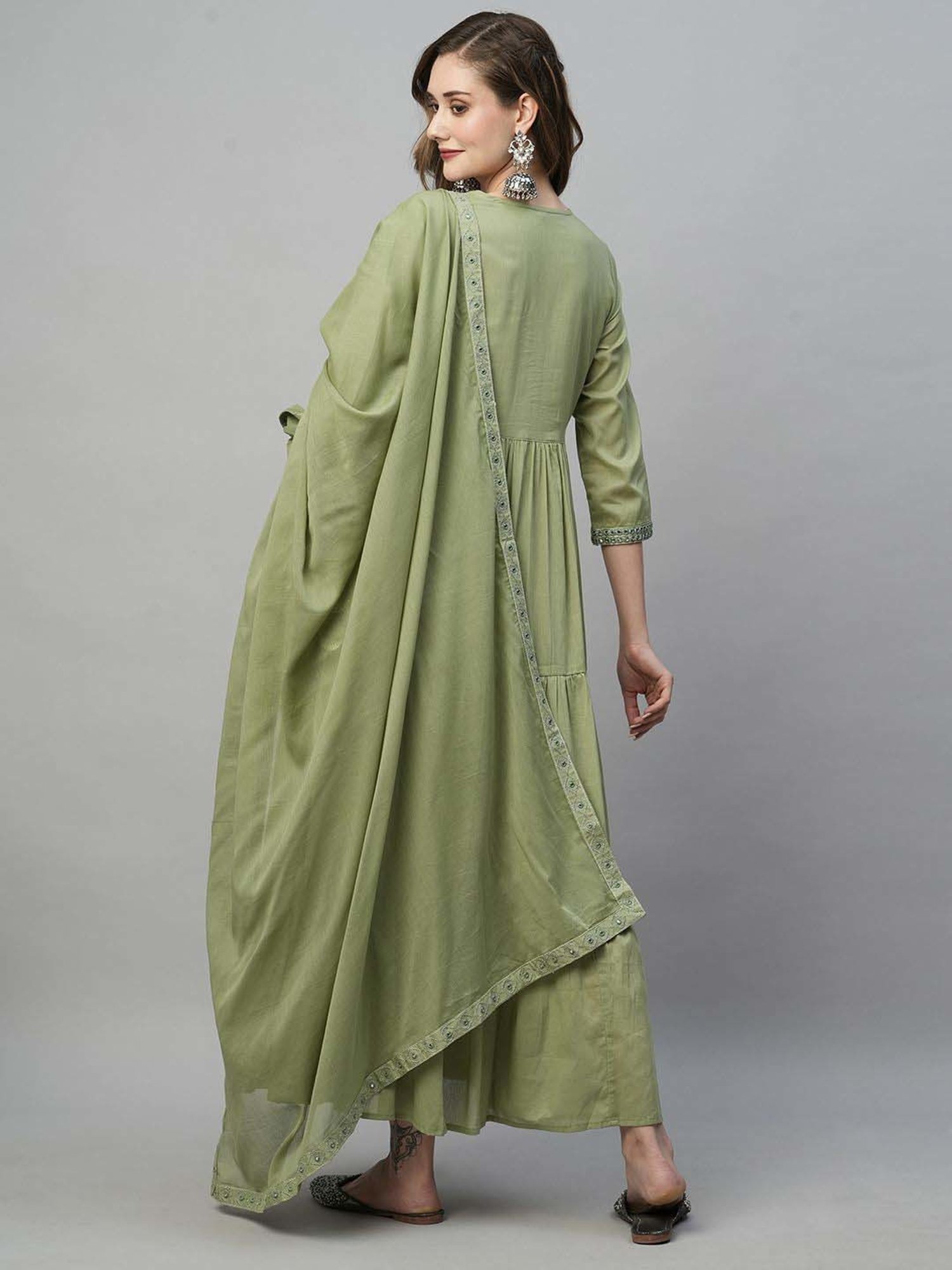 Heeposh Green Cotton Embroidered Dress With Dupatta