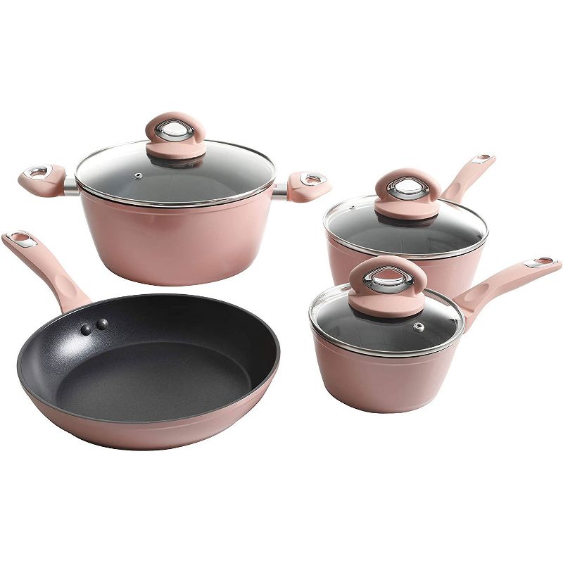 Oster 12 Piece  Forged Aluminum Induction Stove Top Non Stick Home Kitchen Frying Pan and Pot Cookware Set, Dusty Rose