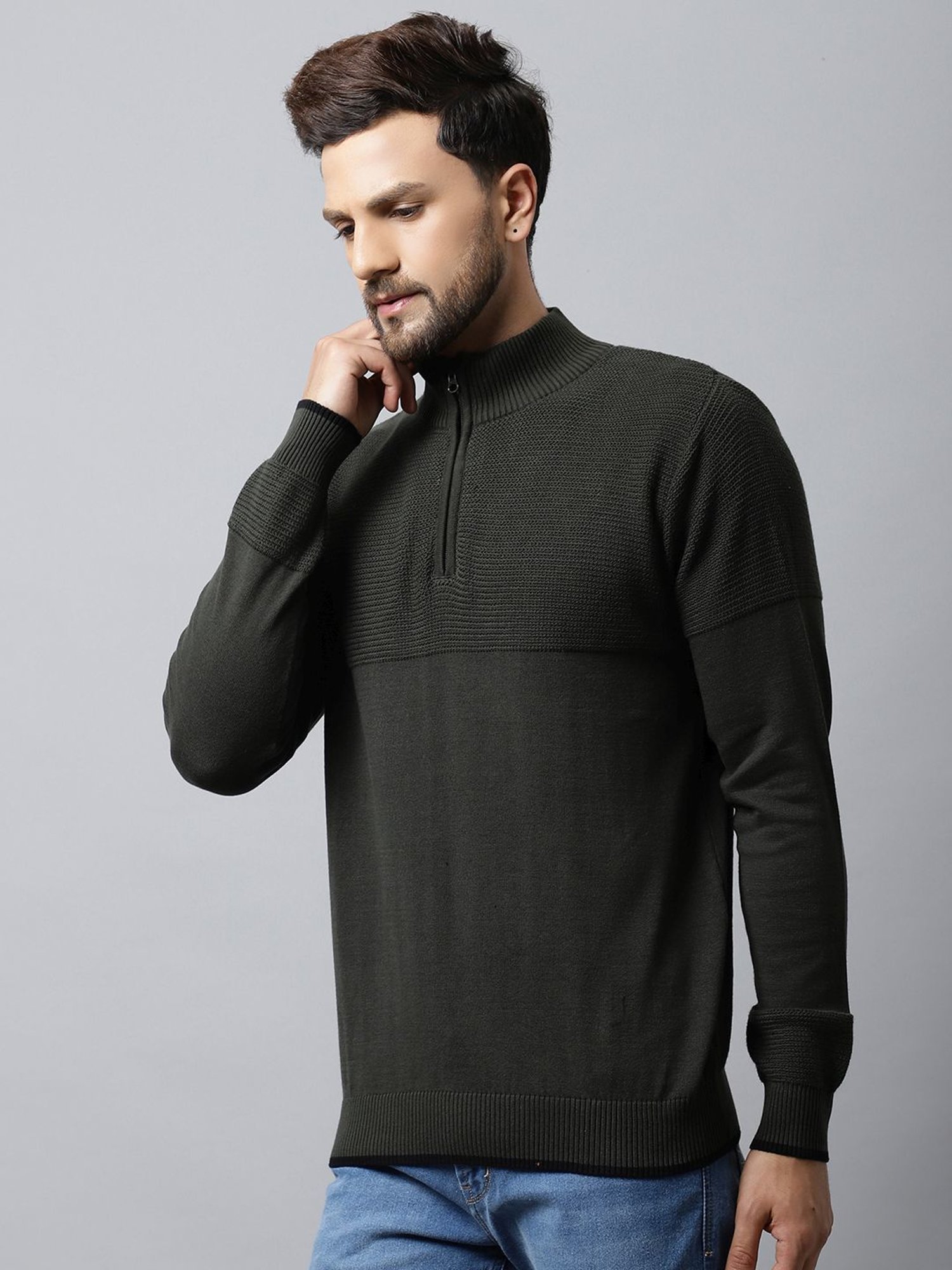 Cantabil Olive Regular Fit Self Pattern Sweater