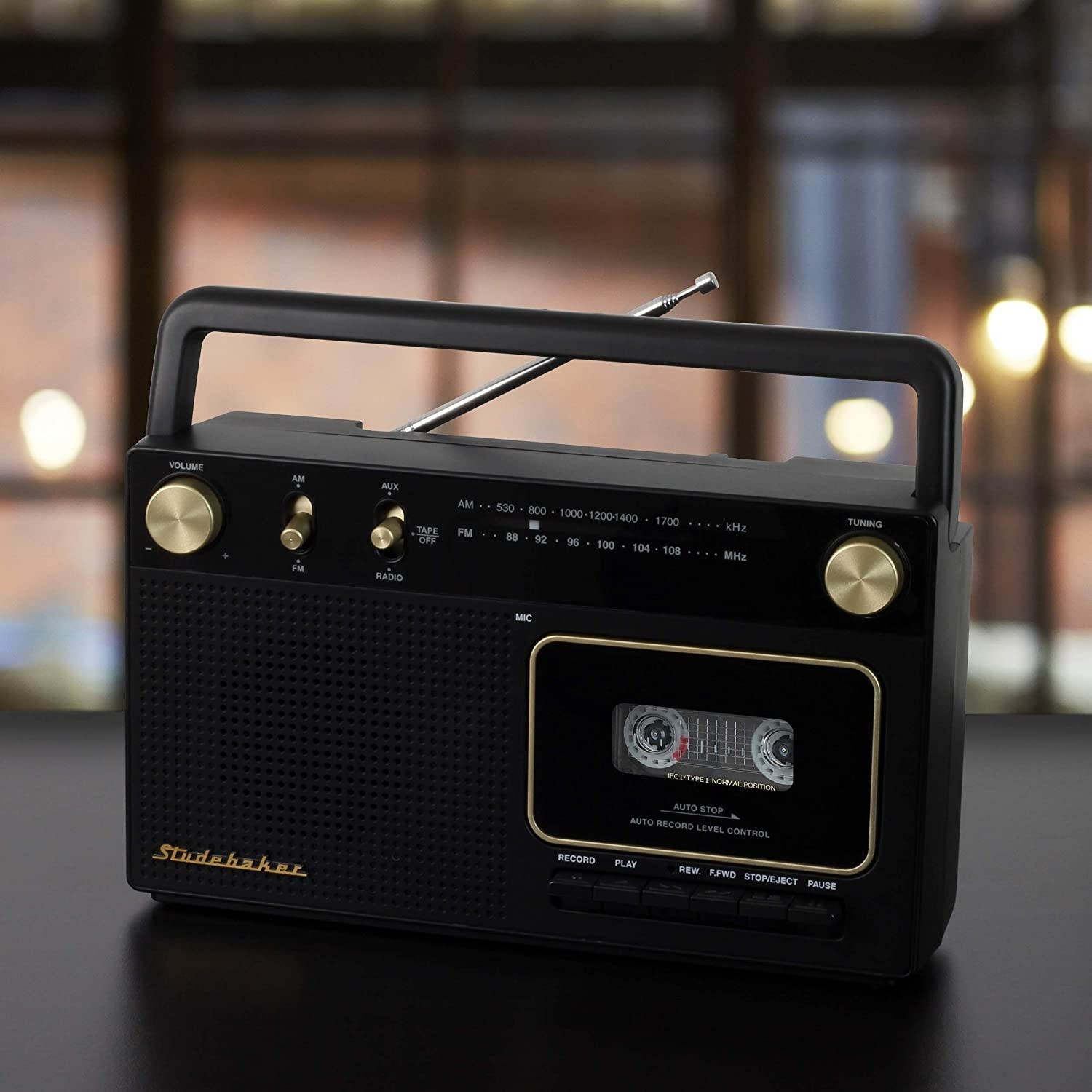 Studebaker Portable Retro Home Audio Stereo AM/FM Radio & Cassette Player/Recorder with Aux Input Jack & Built in Speakers (Gold)