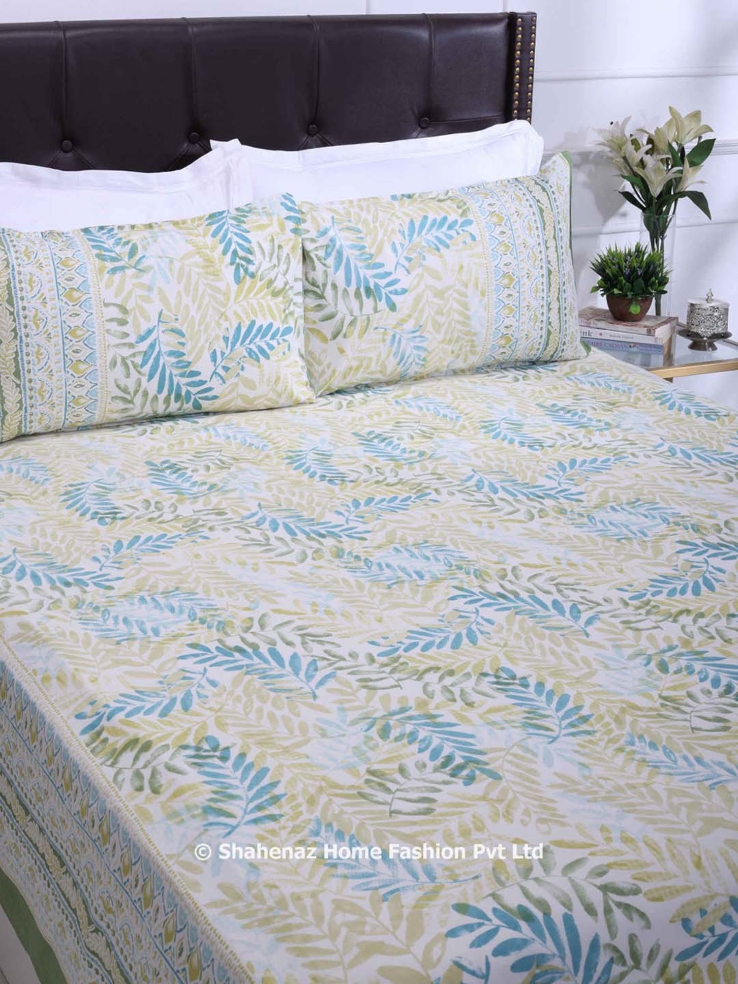 Shahenaz Olive & Blue 120 TC Cotton French Leaves Double Bedsheet with 2 Pillow Covers