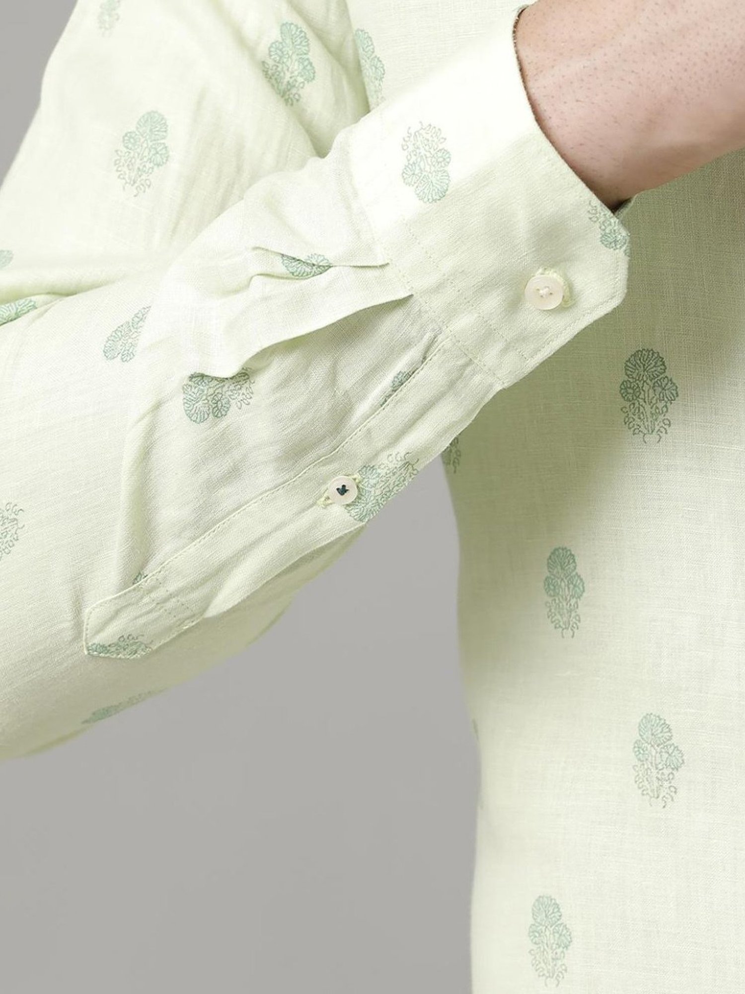 Linen Club Green Linen Contemporary Fit Printed Shirt