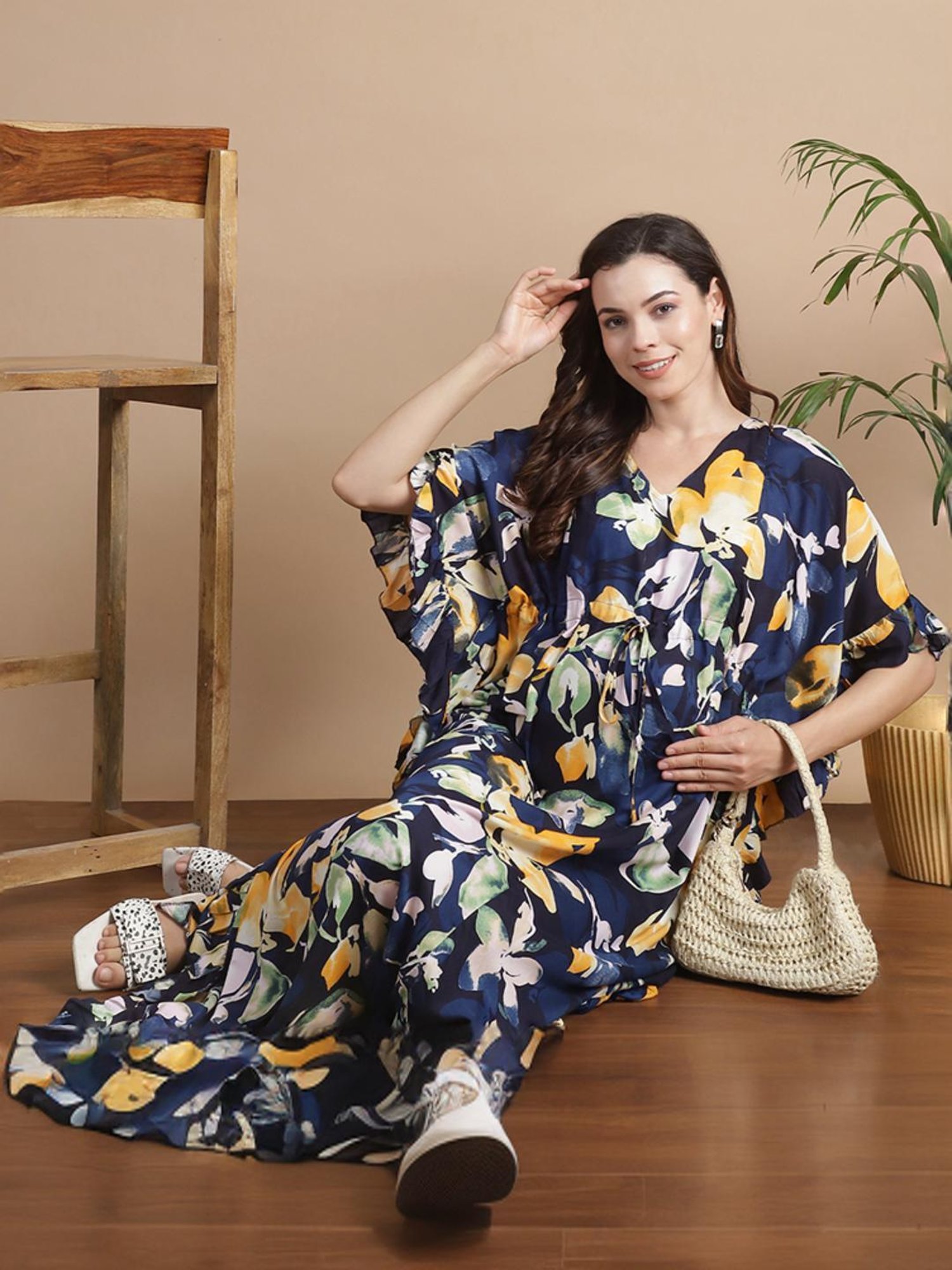 Secret Wish Navy Floral Print Kaftan