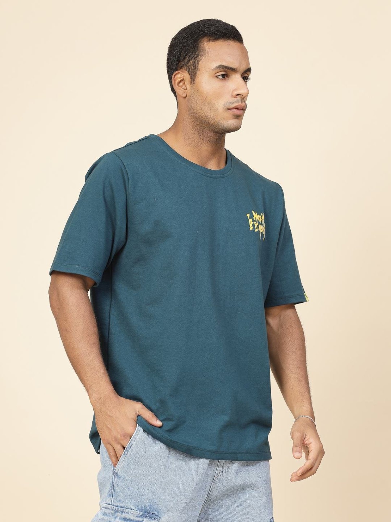 Rigo Teal Cotton Loose Fit Typography T-Shirt