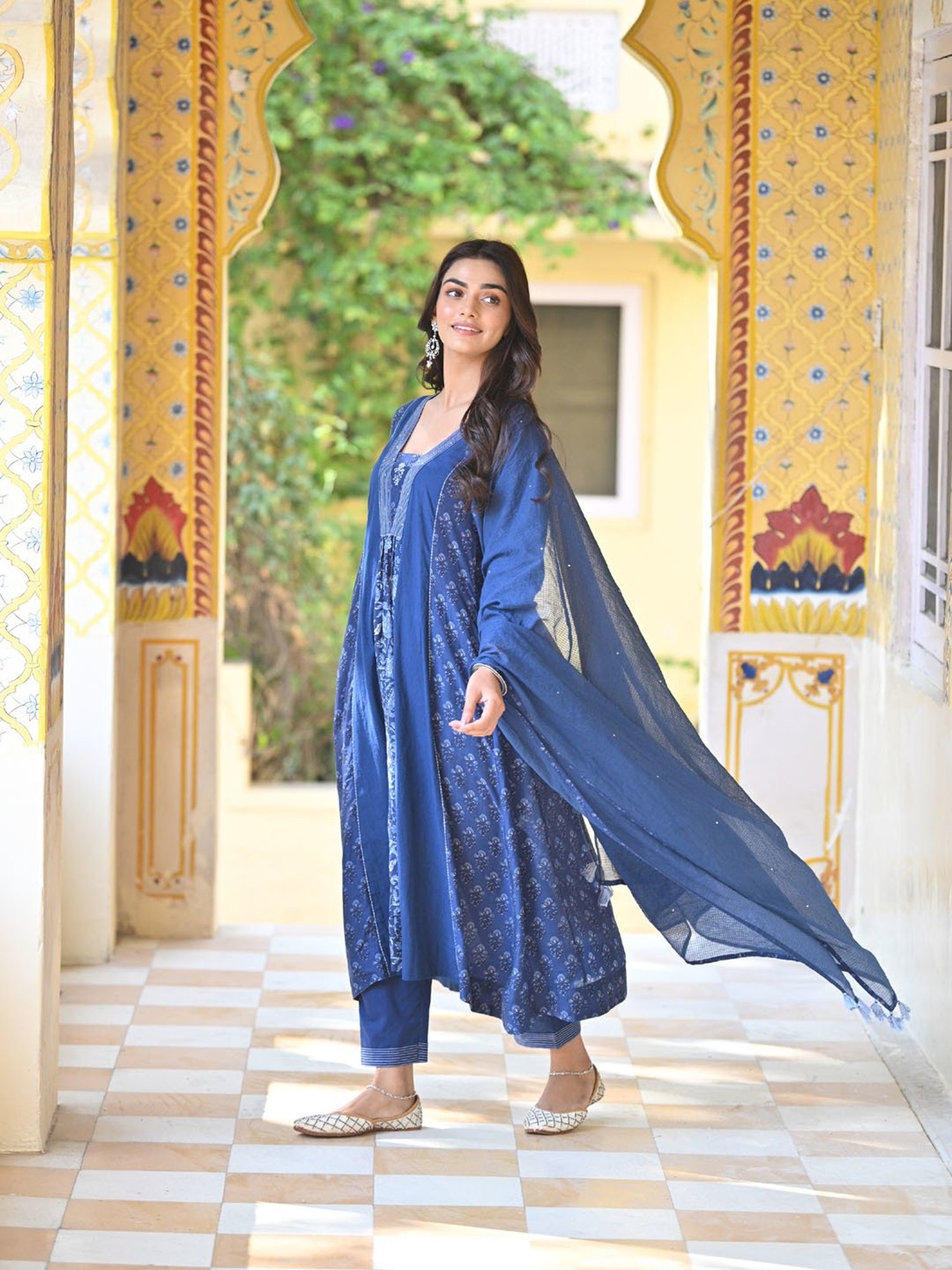 Mahee Jaipur Blue Indigo Block Panel Print Muslin Suit Set With Kota Doriya Dupatta