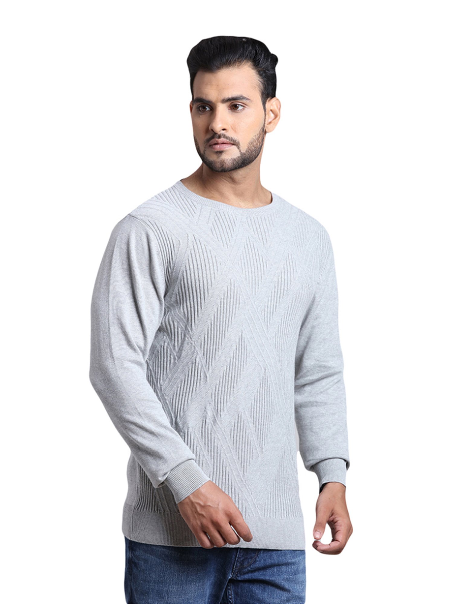 ColorPlus Grey Cotton Tailored Fit Self Pattern Sweater