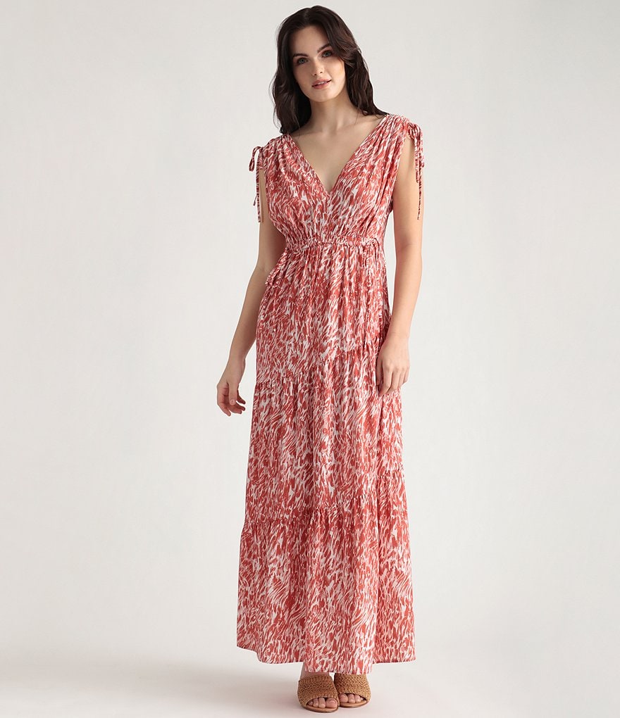 Maggy London Animal Print V-Neck Sleeveless Asymmetric Tiered Maxi Dress