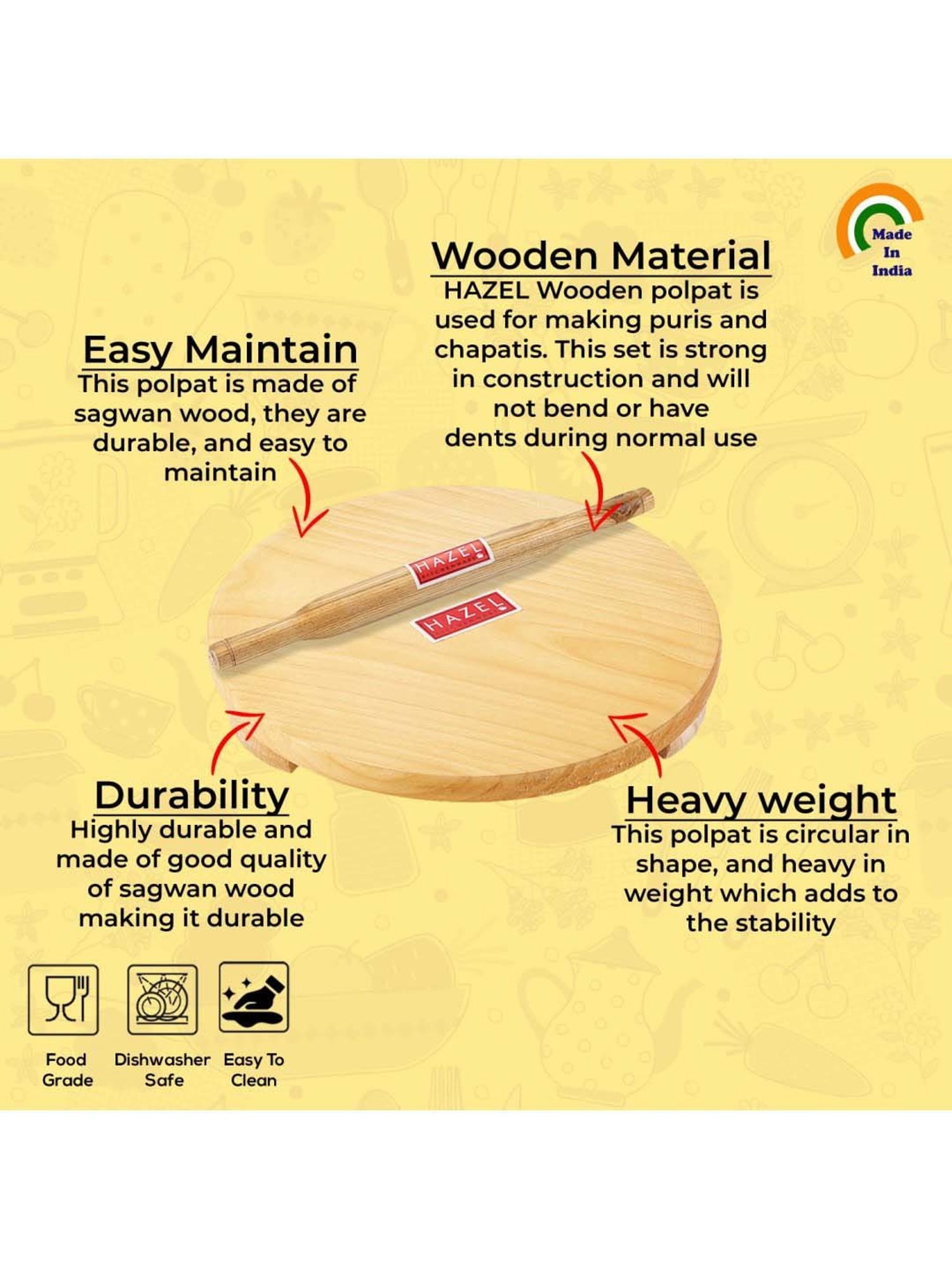 HAZEL Brown Wood 21 cm Small Polpat Roti Roller Combo