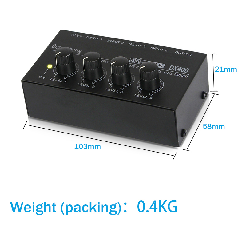 Depusheng DX400 4 Channels Mixer Mixing Console Ultra Compact Low Noise Line Mono Audio Mixer with Power Adapter