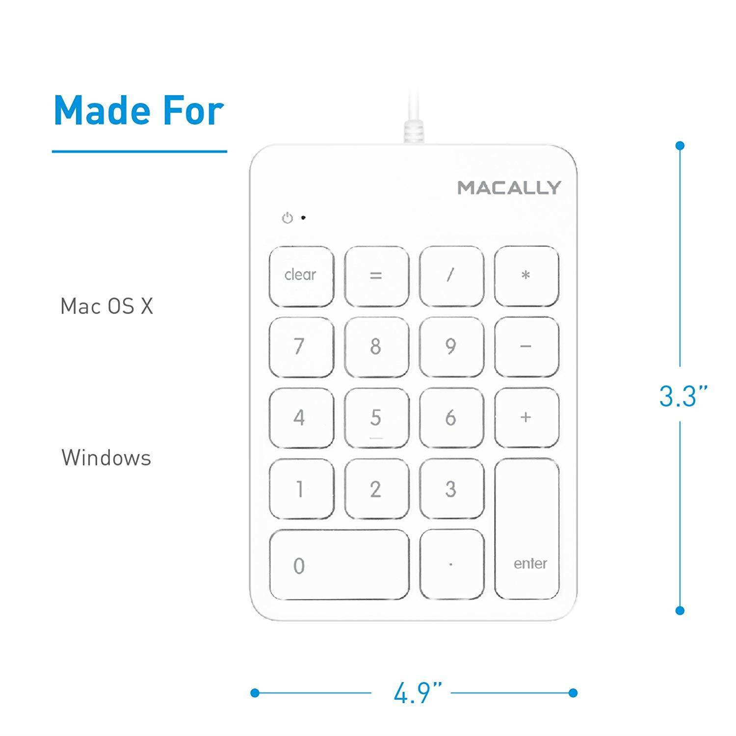 Macally Wired USB Numeric Keypad Keyboard for Laptop, Apple Mac iMac MacBook Pro/Air, Windows PC, or Desktop Computer with 5 Foot Cable & 18 Key Slim Number Pad Numerical Numpad - White (NUMKEY)
