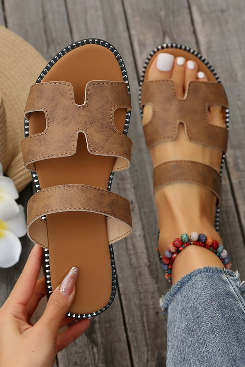 Brown Leather H Band Flat Slides S​hoes