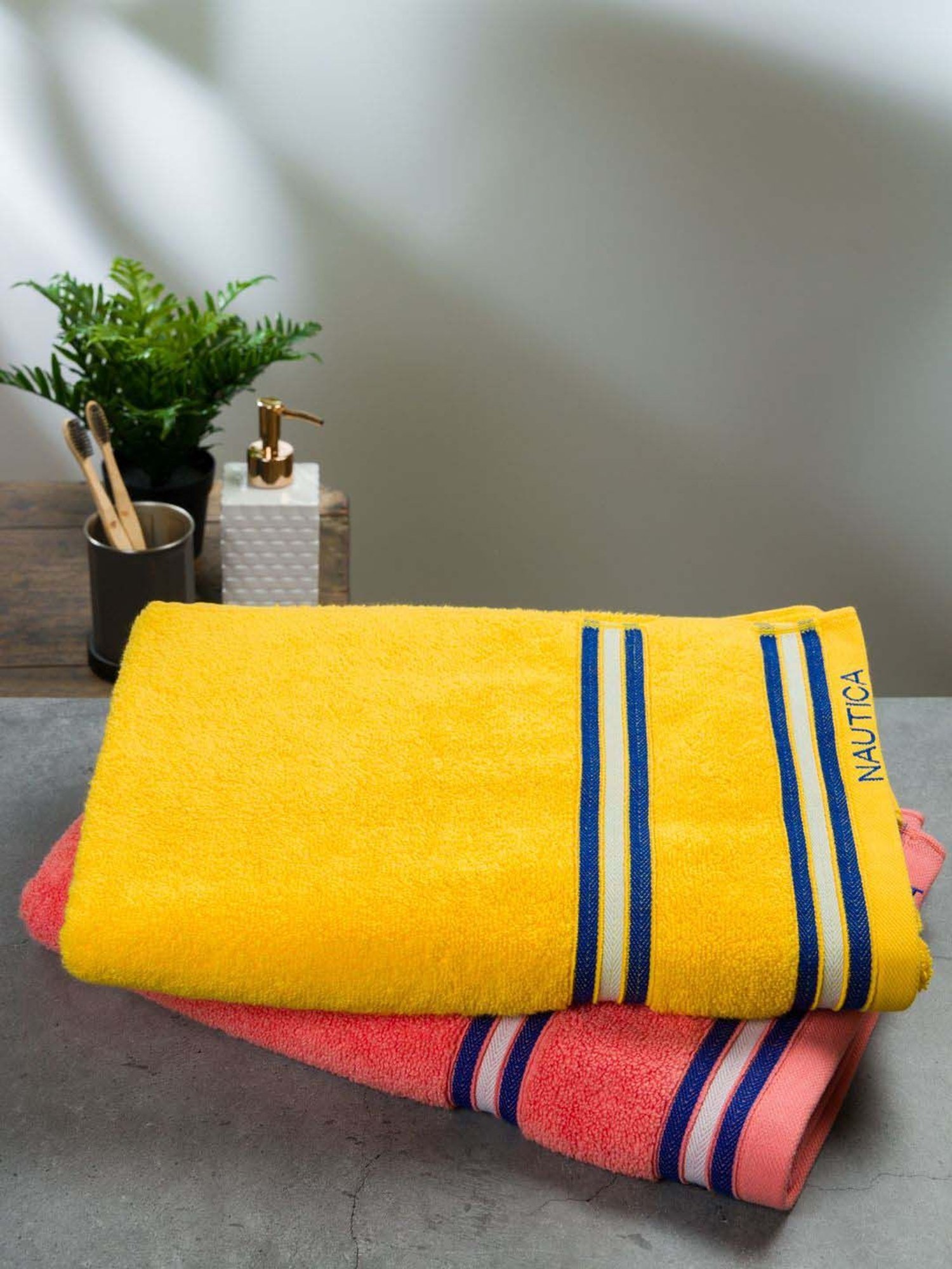 Nautica Vintage Crew Stripe Yellow & Coral Cotton 500GSM Super Soft Zero Twist Bath Towel - Set of 2