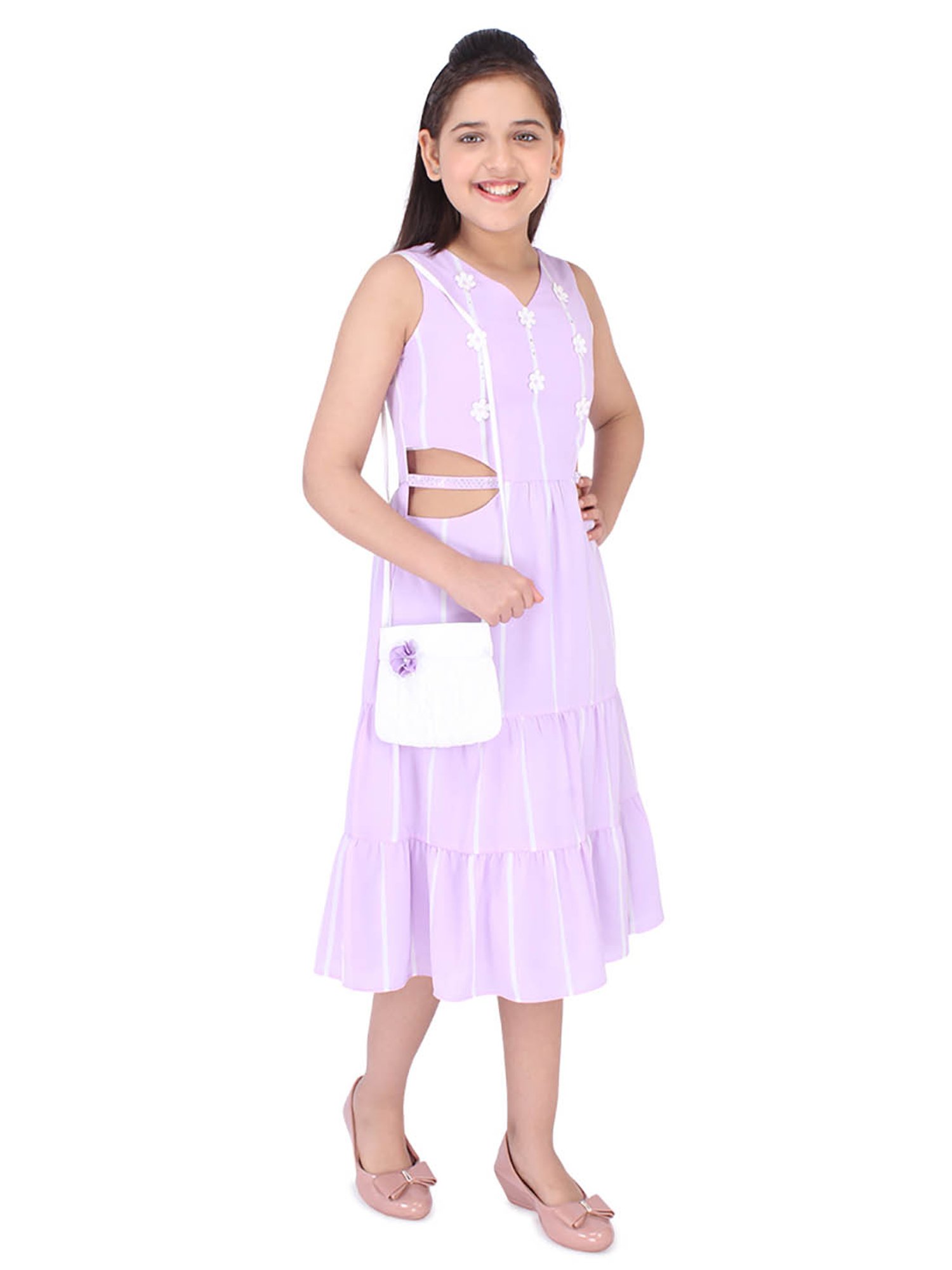 Cutecumber Kids Lilac Striped Dress with Sling Bag