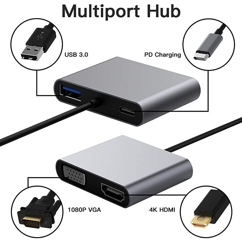 USB C to HDMI VGA Adapter USB Type C Hub with 4K HDMI 1080P VGA PD Charging USB 30 4 in 1 Type C Multiport Converter for MacBook ProiPad ProGoogle PixelBookDell XPS