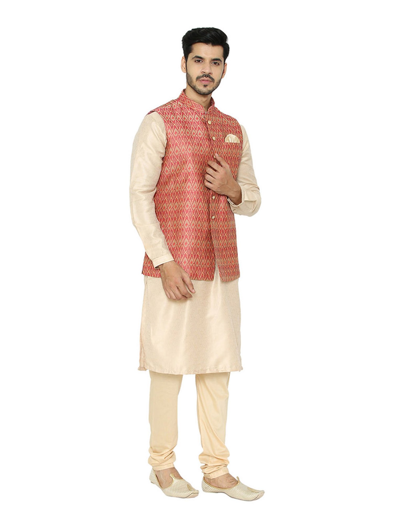 Manyavar Beige & Orange Printed Ethnic Kurta Set with Jacket
