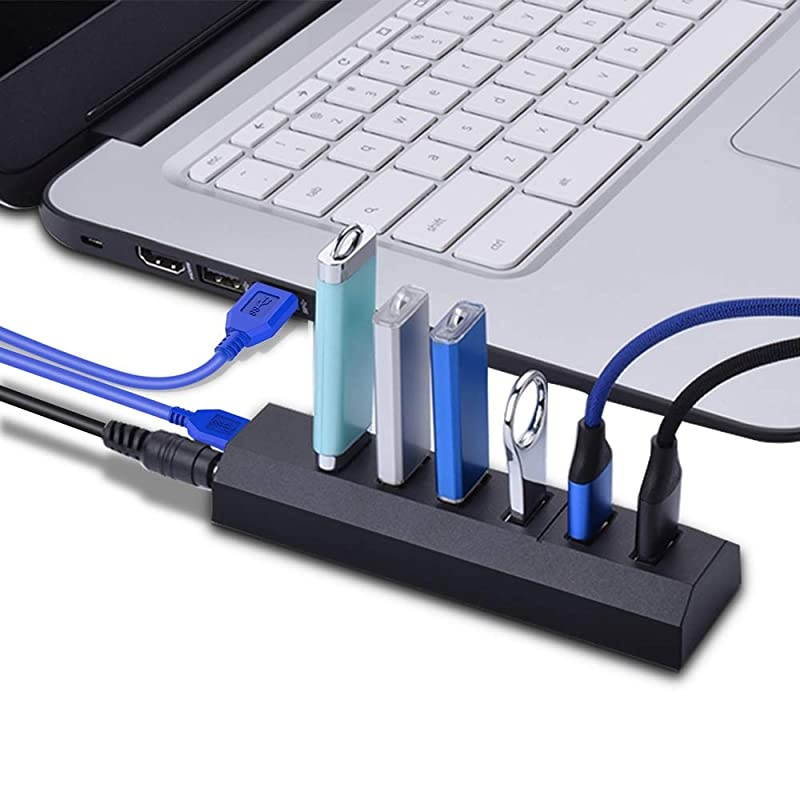 USB Hub,  6 Ports Super High Speed USB 3.0 Hub Splitter + 24W Power Adapter + USB 3.0 Cable, Black Smart Fast Charger Powered USB Hub for Laptop, Mac, PC, Mobile HDD, Mulitple Devices