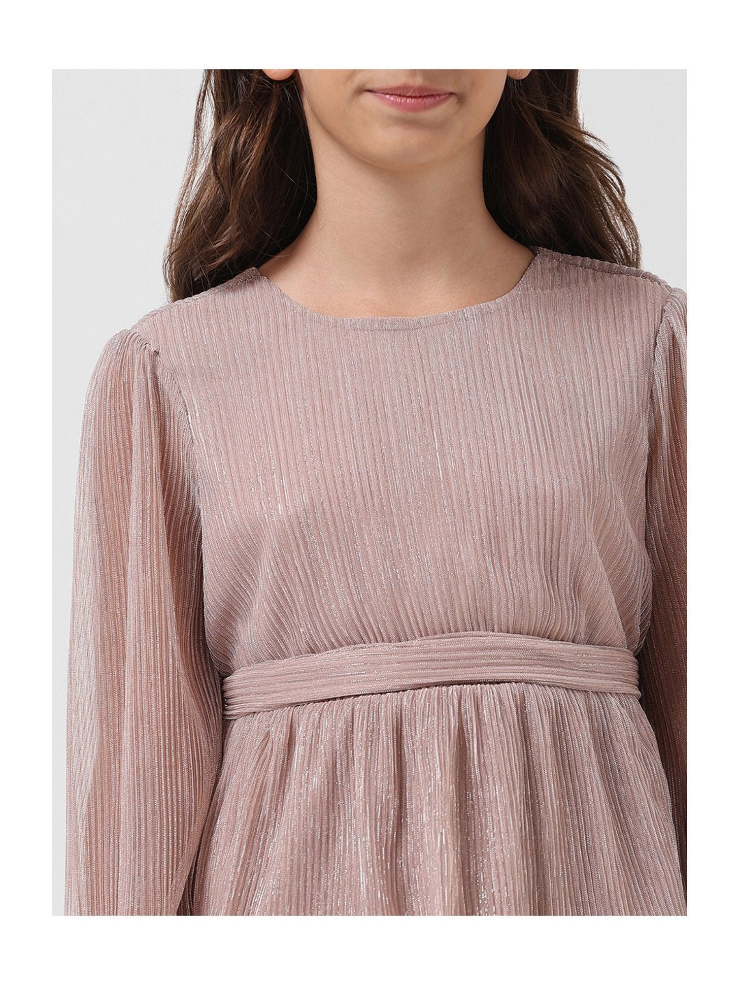 VERO MODA GIRL Pink Shimmer Full Sleeves Dress with Belt
