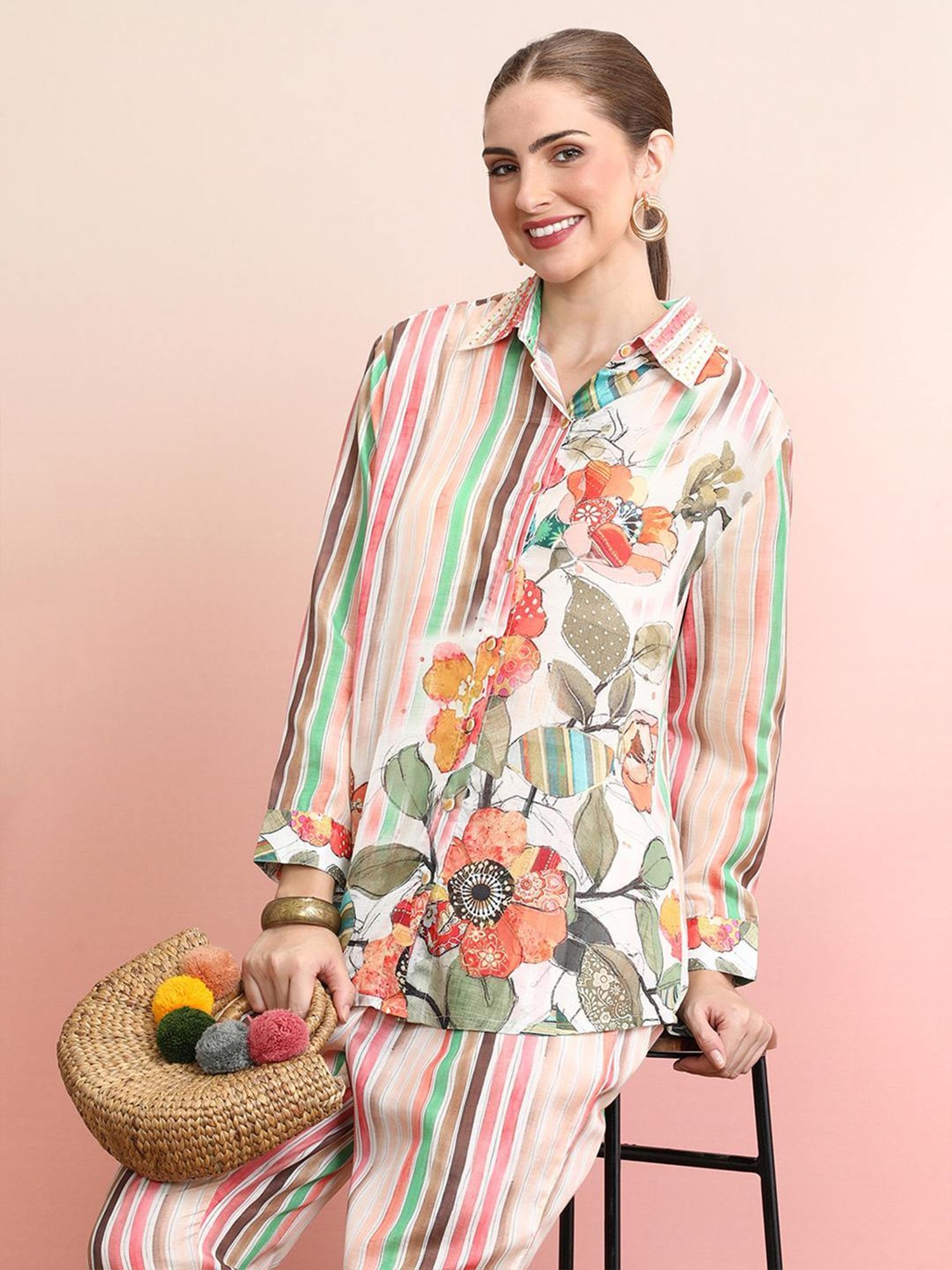 Indo Era Multicolored Floral Print Shirt Pant Set