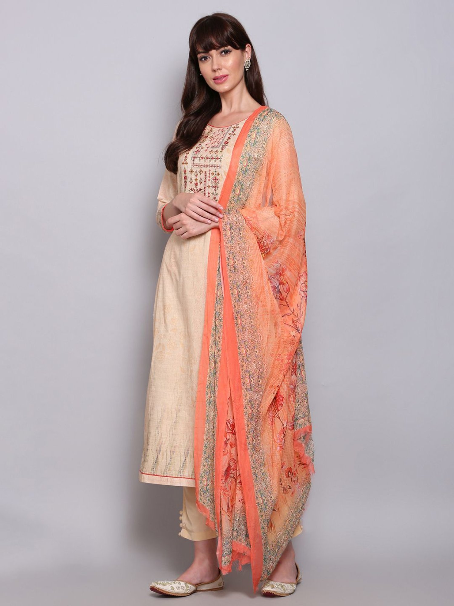 Stylee LIFESTYLE Beige Cotton Embroidered Unstitched Dress Material