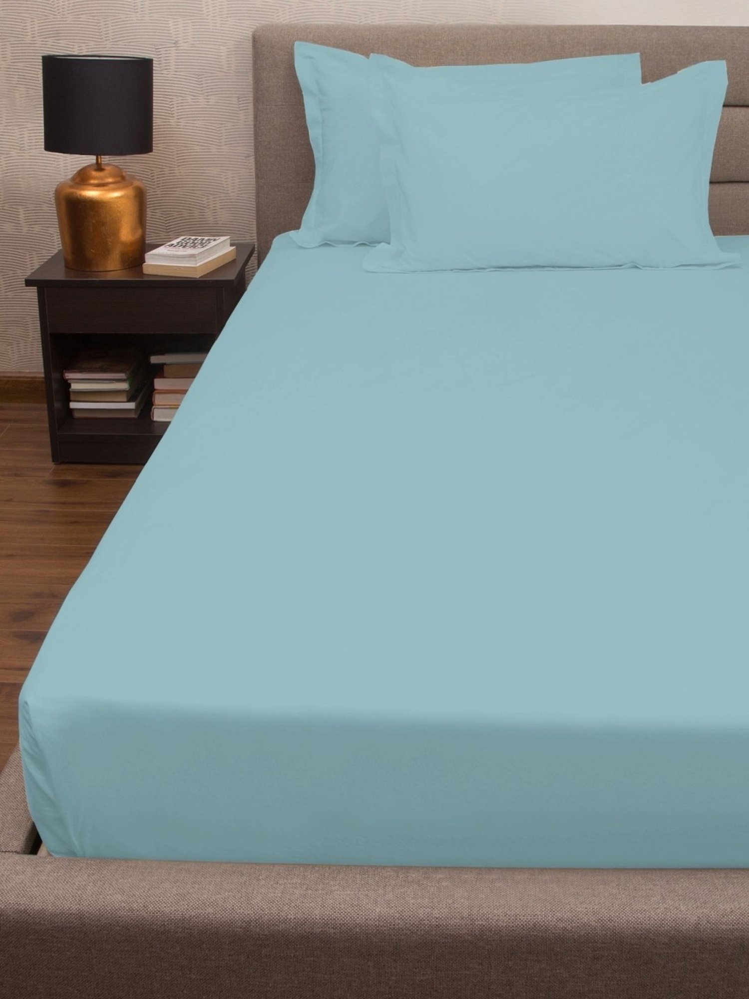 Petal Home Solid Blue 300 TC Cotton King Bed Sheet with 2 Pillow Covers