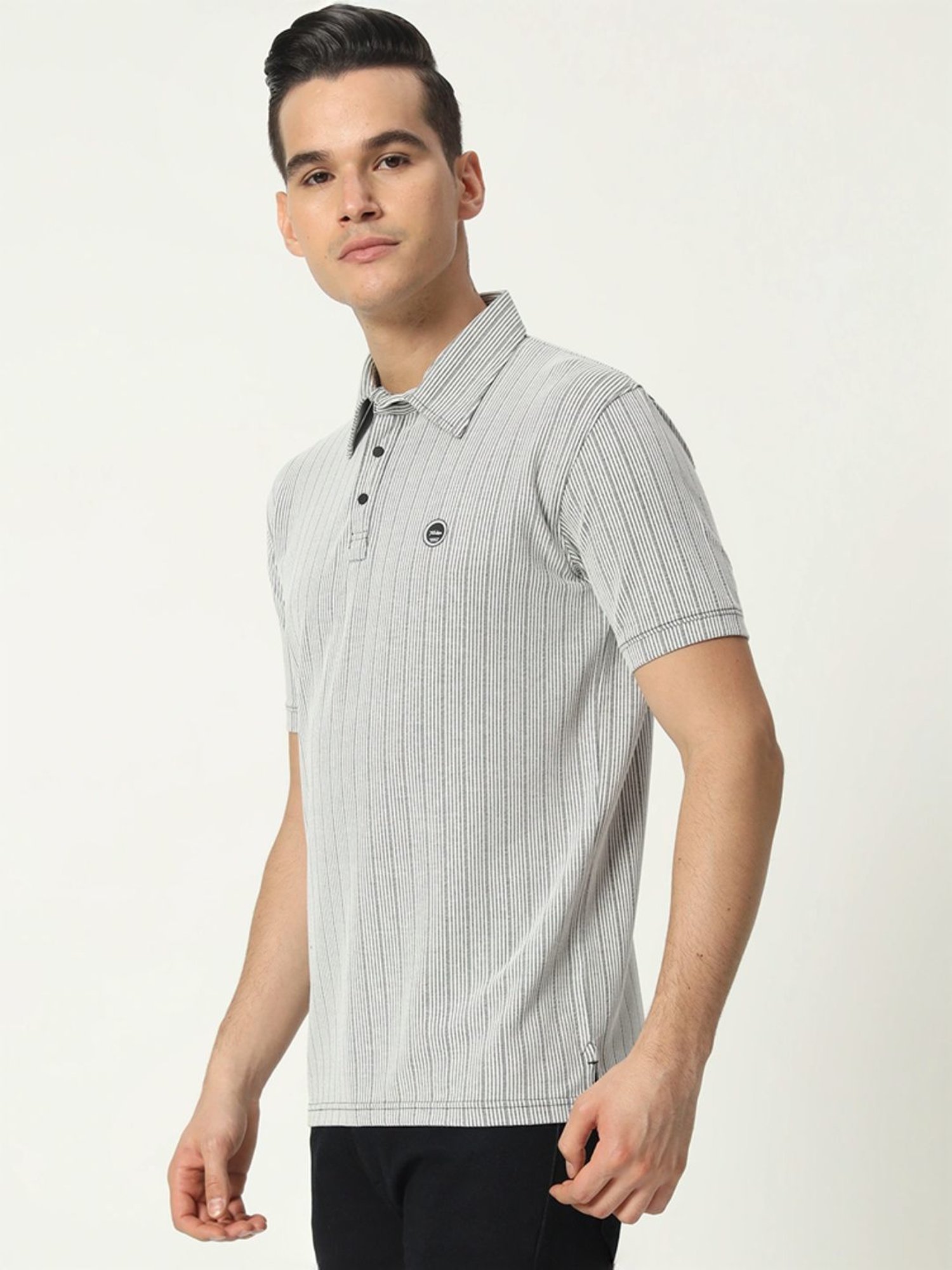 Tab91 Grey Regular Fit Striped Polo T-Shirts