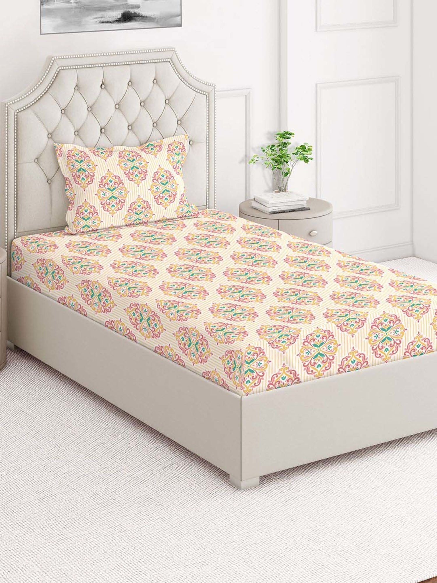 Layers Duracount Beige Cotton Blend 225 TC Single Size Bed Sheet with Pillow Cover