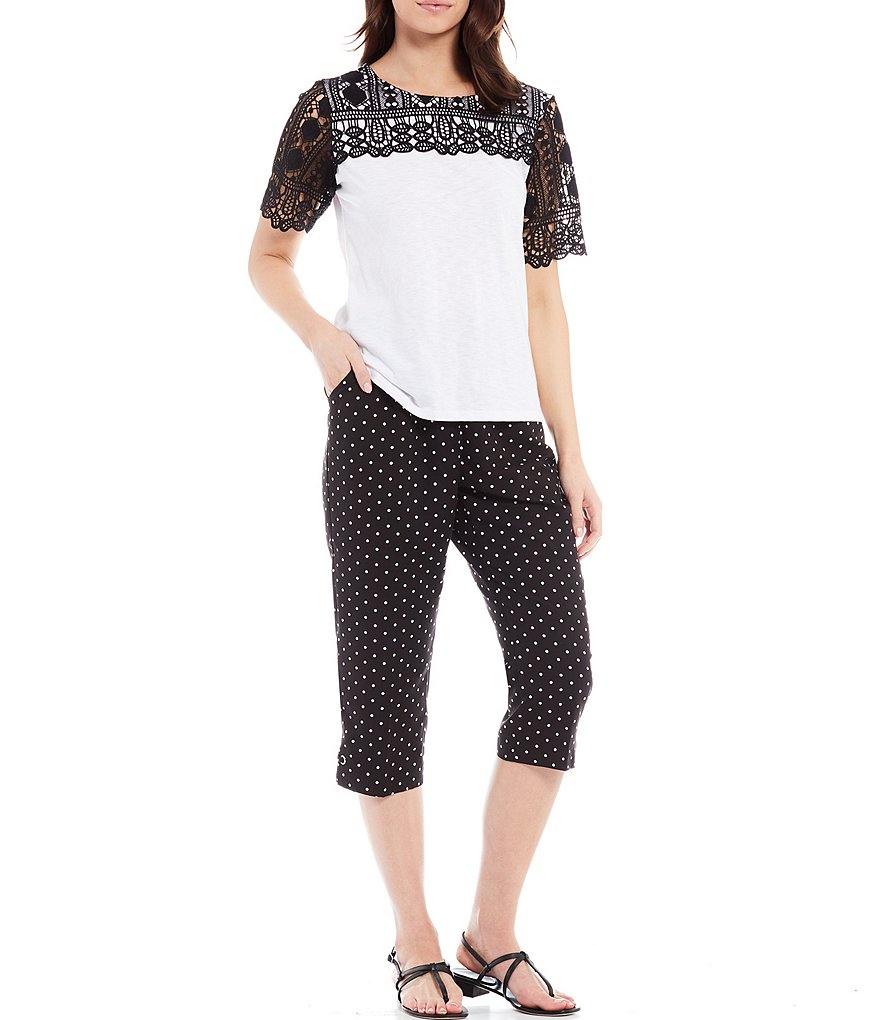 Allison Daley Petite Size Polka Dot Print Microfiber Twill Silver Ring Embellished Hem Detail Capri
